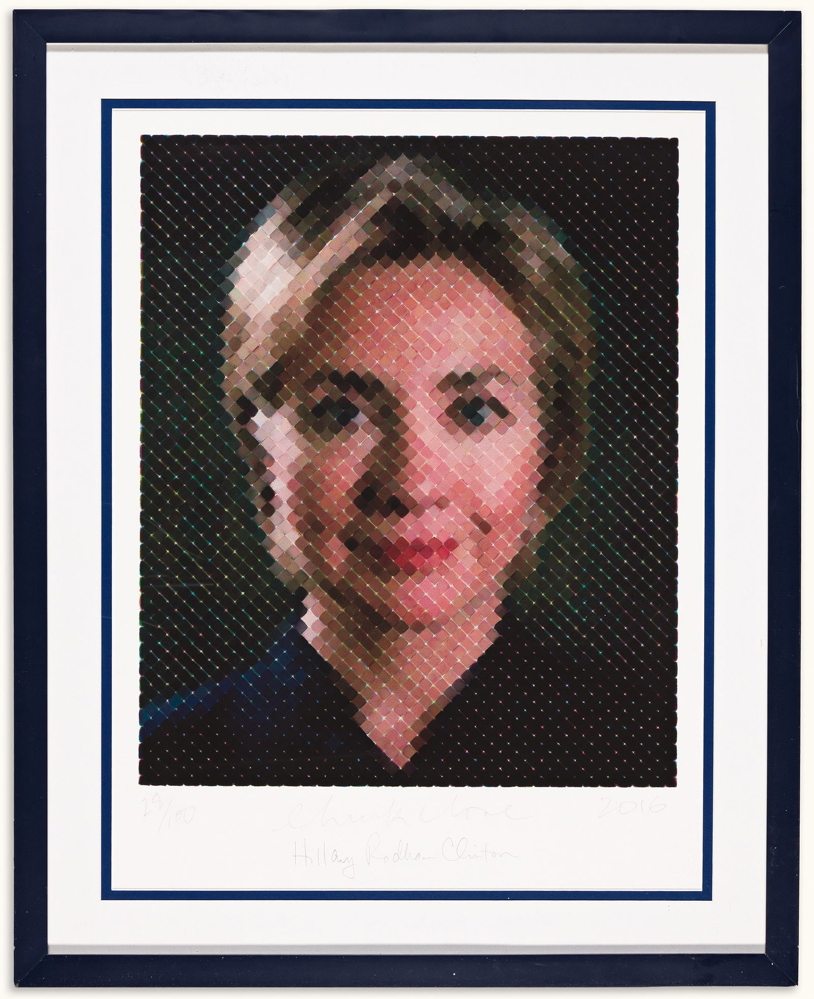 Hillary Clinton; and Chuck Close. Hillary. Signed by Clinton, "Hillary Rodham Clinton,": Chuck Close's portrait of Hillary Clinton signed by both Hillary Clinton; and Chuck Close Hillary. Signed by Clinton, "Hillary Rodham Clinton," in pencil, at lower edge. Digital print on Hahnemüh