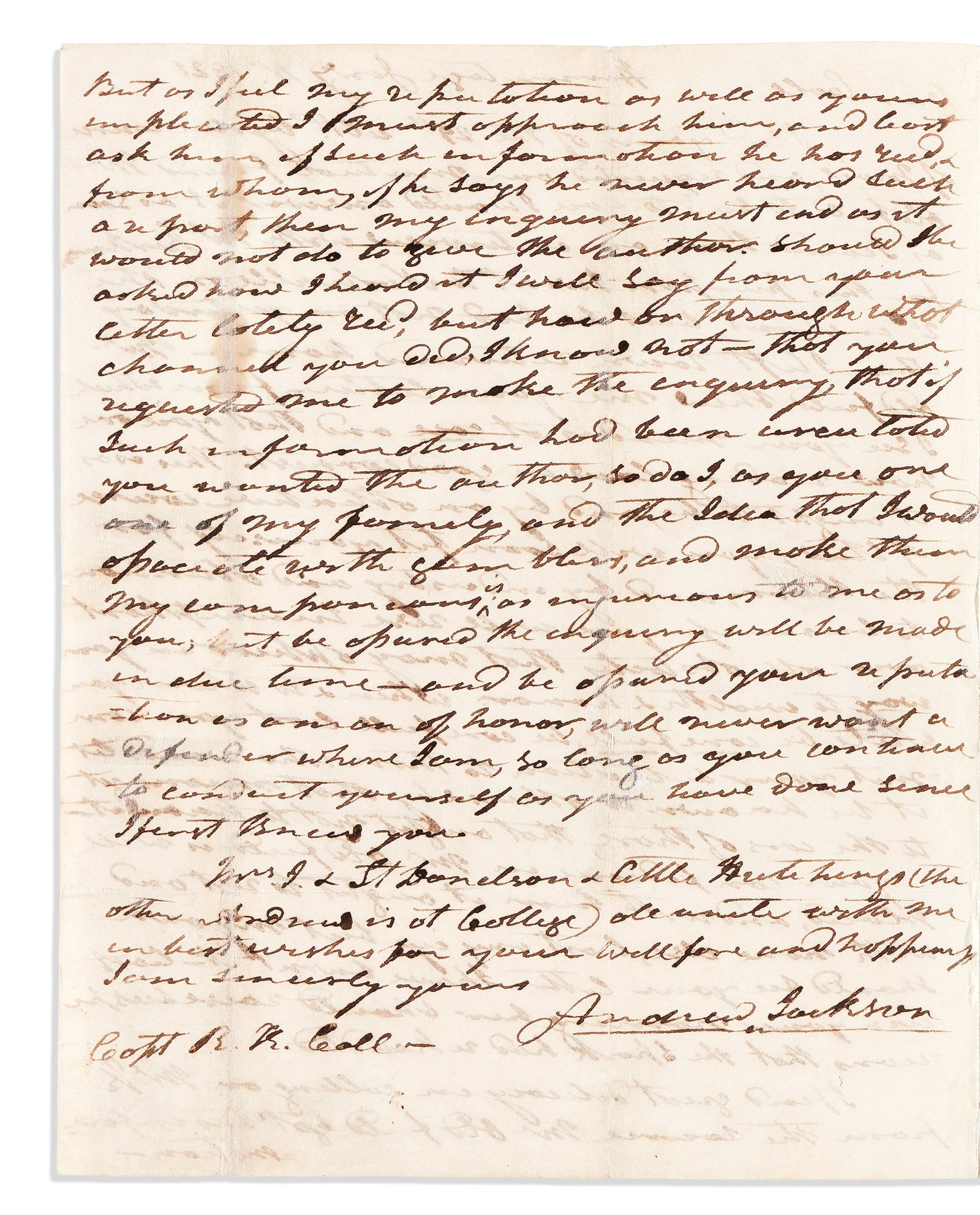 Andrew Jackson. Autograph Letter Signed, twice (in full and "A.J."), to Richard Keith Call (1 of 1)