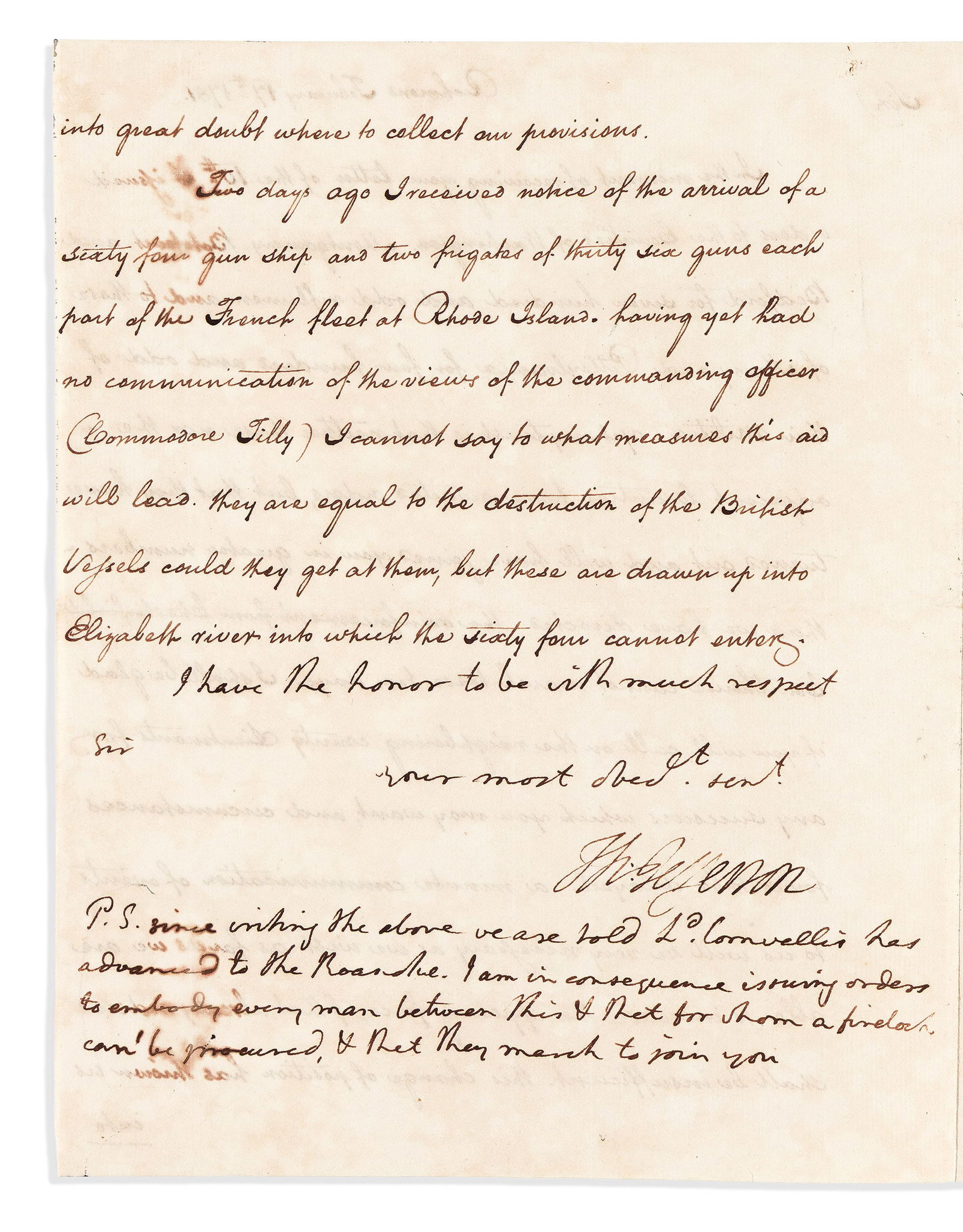 Thomas Jefferson. Letter Signed, "Th:Jefferson," as Governor, with 4-line holograph postscript, to: Cornwallis has advanced to the Roanoke Thomas Jefferson Letter Signed, "Th:Jefferson," as Governor, with 4-line holograph postscript, to Major General Nathanael Greene. reporting that he has ordered o