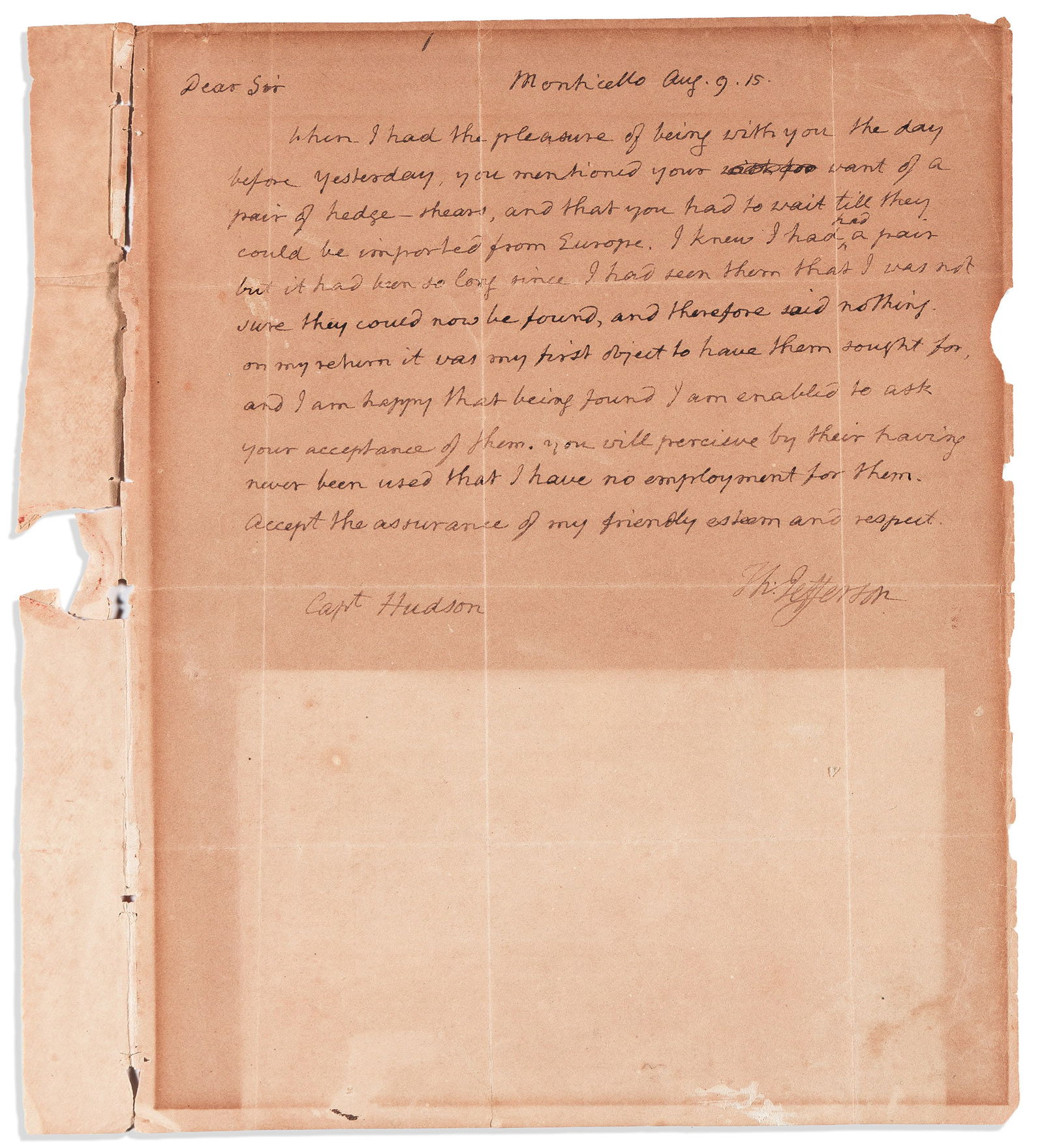 Thomas Jefferson. Autograph Letter Signed, "Th:Jefferson," to his Monticello neighbor Christopher (1 of 1)