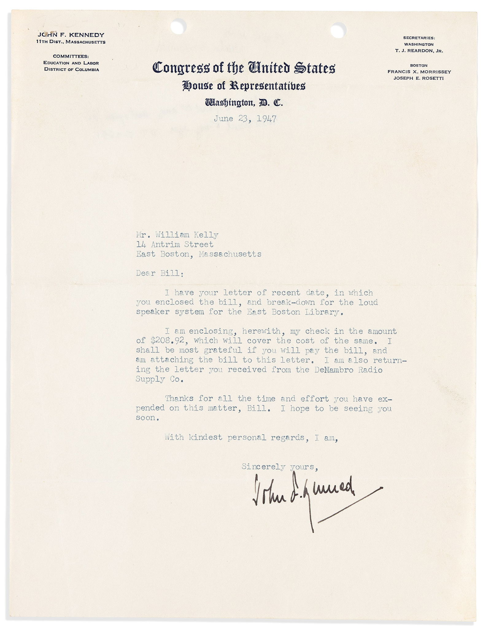 John F. Kennedy. Typed Letter Signed, as Representative, to William F. Kelly ("Dear Bill"): John F. Kennedy Typed Letter Signed, as Representative, to William F. Kelly ("Dear Bill"), supporting East Boston Library. 1 page, 4to, "House of Representatives" stationery; two holes punched in uppe