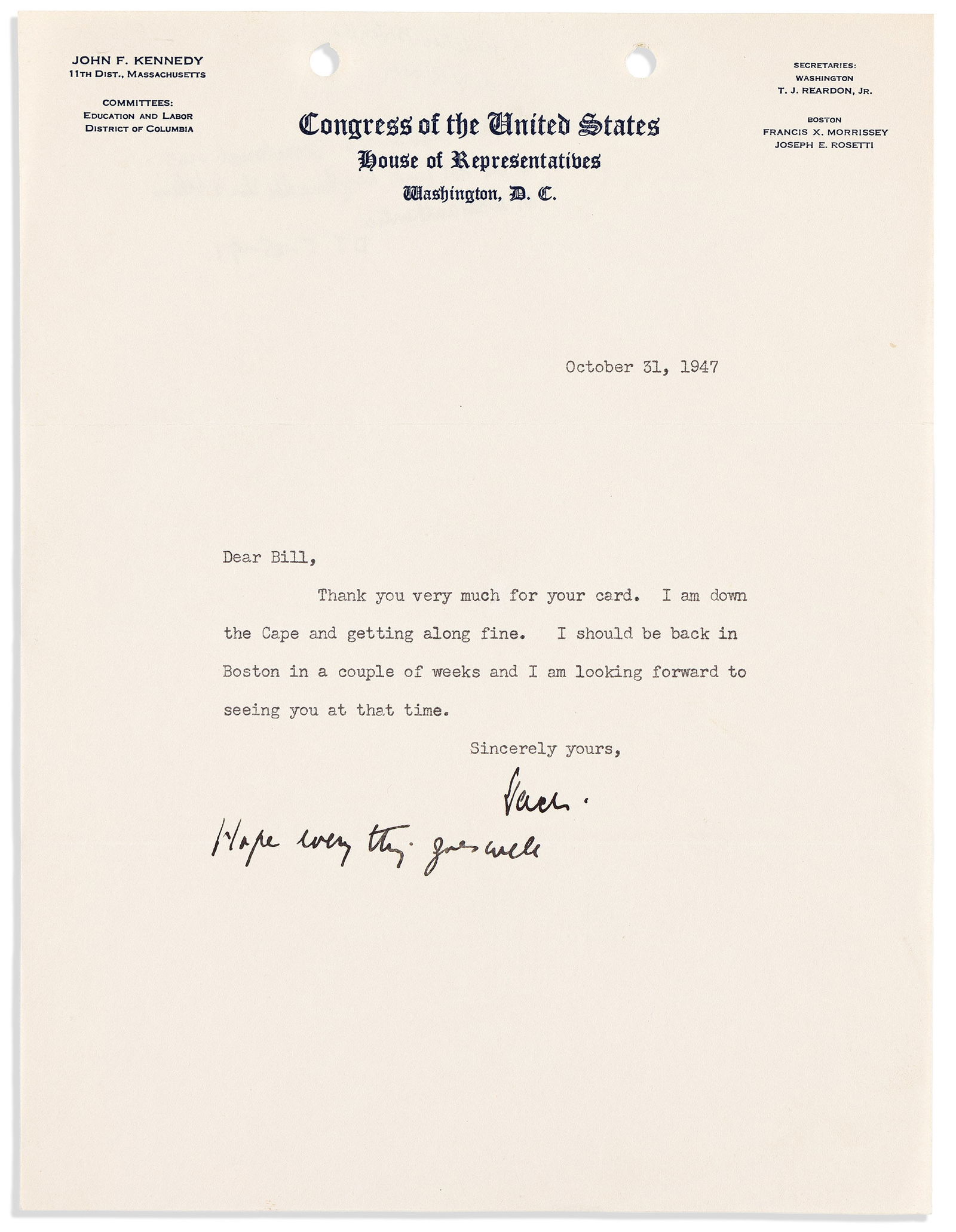 John F. Kennedy. Typed Letter Signed, "Jack," as Representative, to William F. Kelly ("Dear Bill") (1 of 1)