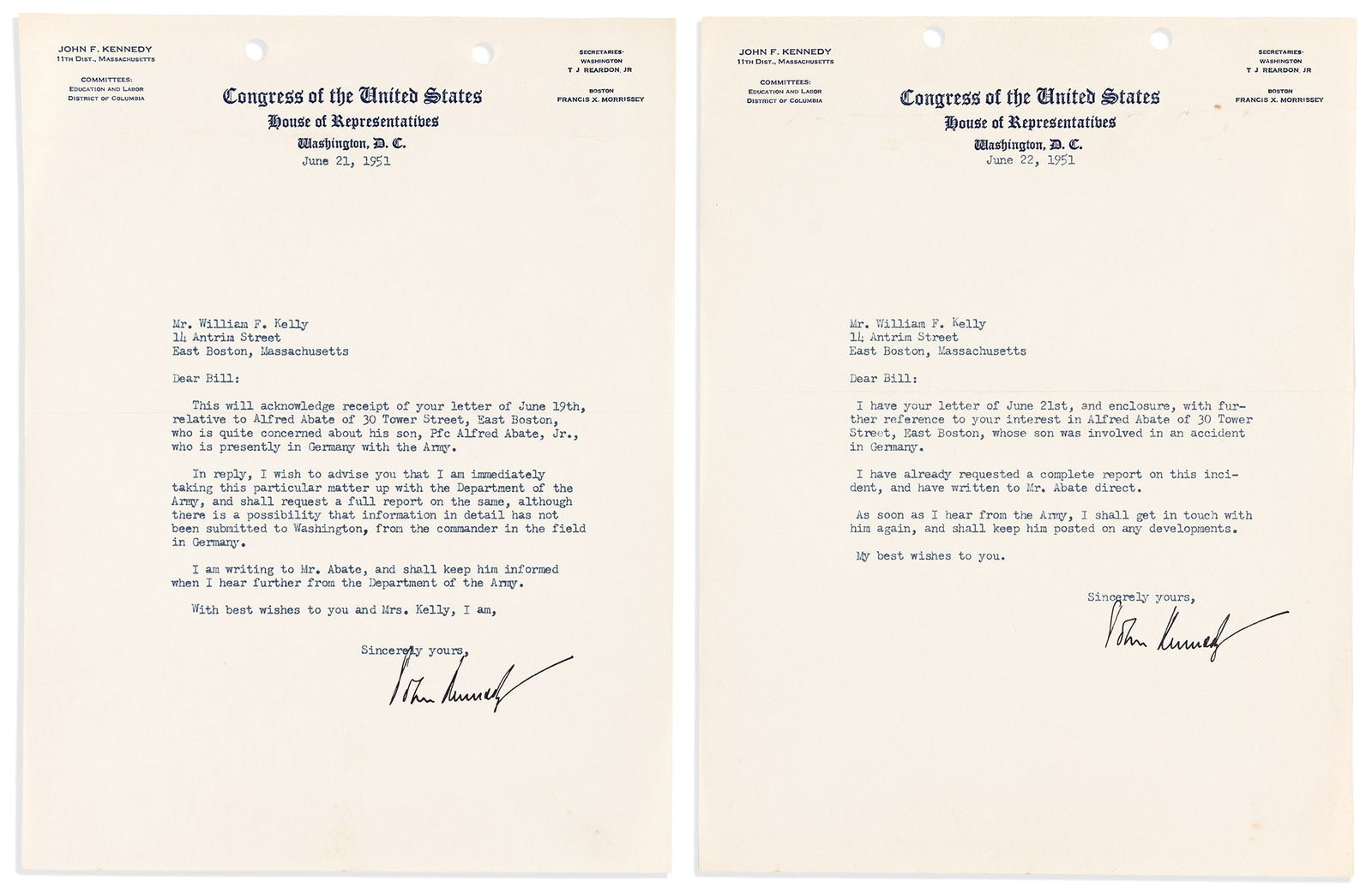 John F. Kennedy. Small archive of 4 Typed Letters Signed, "John Kennedy," or "Jack," as: John F. Kennedy Small archive of 4 Typed Letters Signed, "John Kennedy," or "Jack," as Representative or Senator, to William F. Kelly ("Dear Bill"), acknowledging the report of an American's concern f