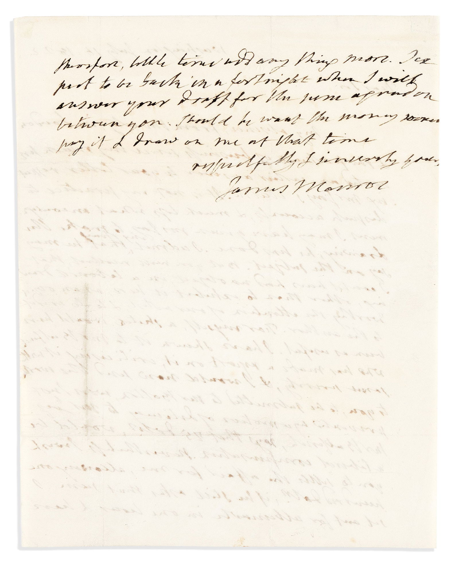 James Monroe. Autograph Letter Signed, as President, to unnamed recipient.: Agrees to pay for a drawing despite Capitol Architect's criticism of it James Monroe Autograph Letter Signed, as President, to unnamed recipient, explaining that the delay in reply was due to travelin