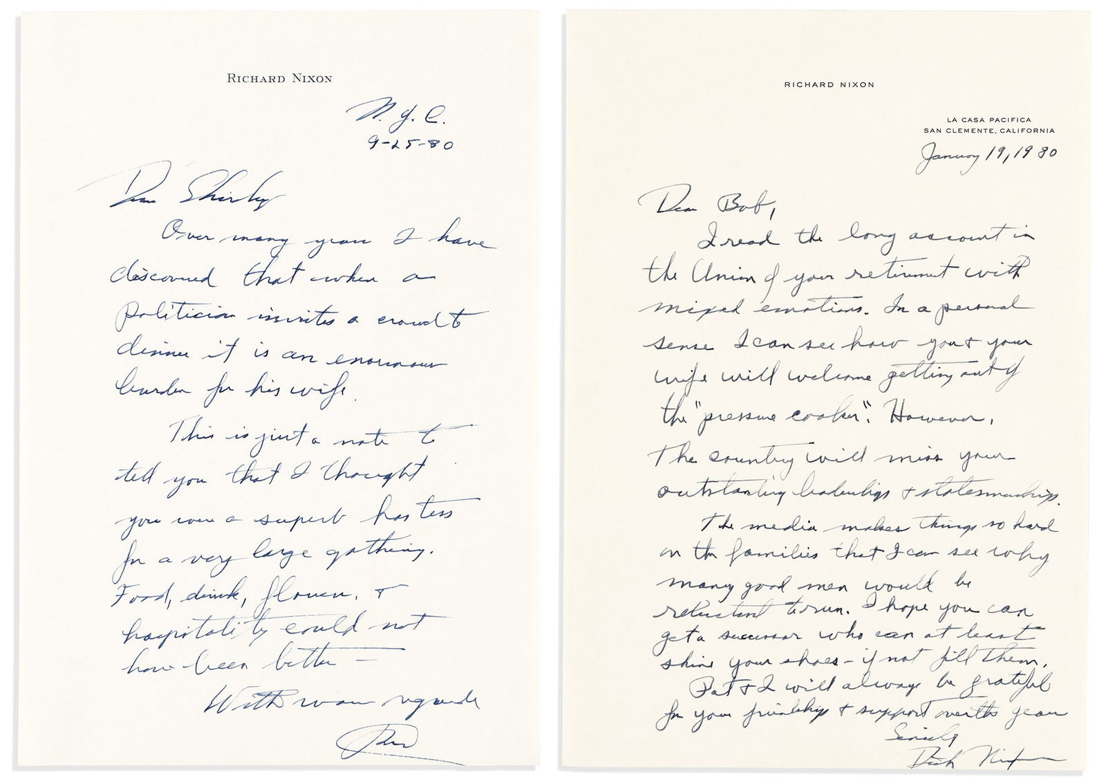 Richard M. Nixon. Two Autograph Letters Signed, "Dick Nixon" or "RN," to Representative Robert: The Media makes things so hard on the families Richard M. Nixon Two Autograph Letters Signed, "Dick Nixon" or "RN," to Representative Robert Carlton Wilson or his wife ("Dear Bob" or "Dear Shirley").