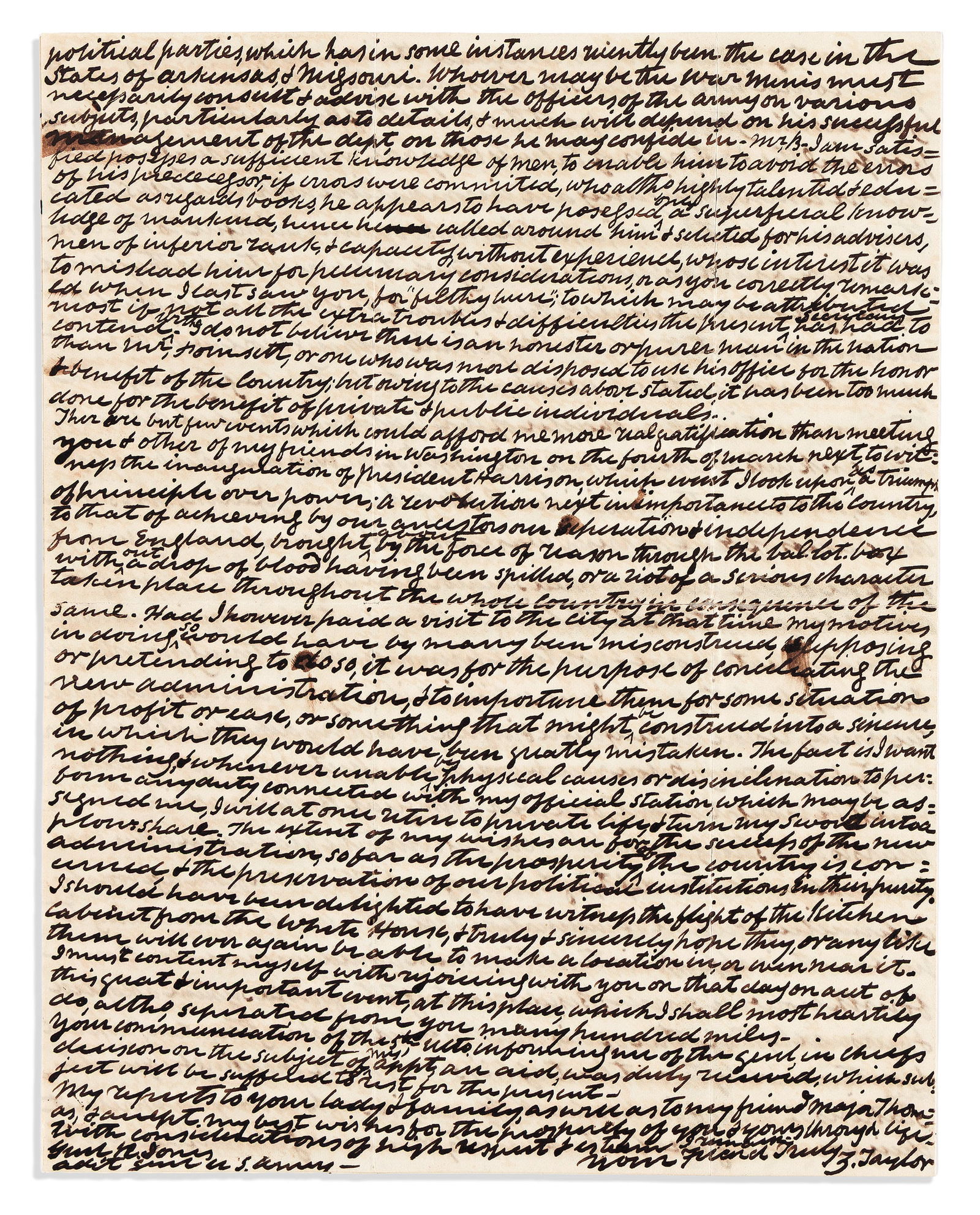 Zachary Taylor. Autograph Letter Signed, "Z. Taylor," to Adjutant General Roger Jones: Election of Harrison: "A revolution . . . brought about by the force of reason through the ballot box without a drop of blood having been spilled" Zachary Taylor Autograph Letter Signed, "Z. Taylor,"