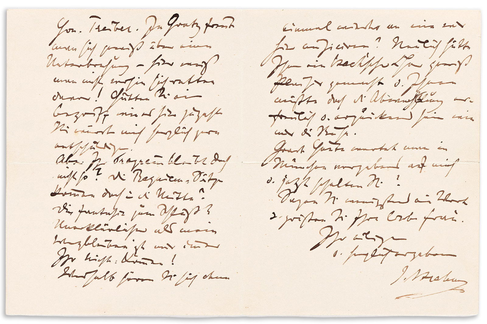 Johannes Brahms. Autograph Letter Signed, "J. Brahms," to composer Ferdinand Thieriot: Wishing the soprano were more daring Johannes Brahms Autograph Letter Signed, "J. Brahms," to composer Ferdinand Thieriot, in German, confessing a secret wish that the first soprano's performance of [
