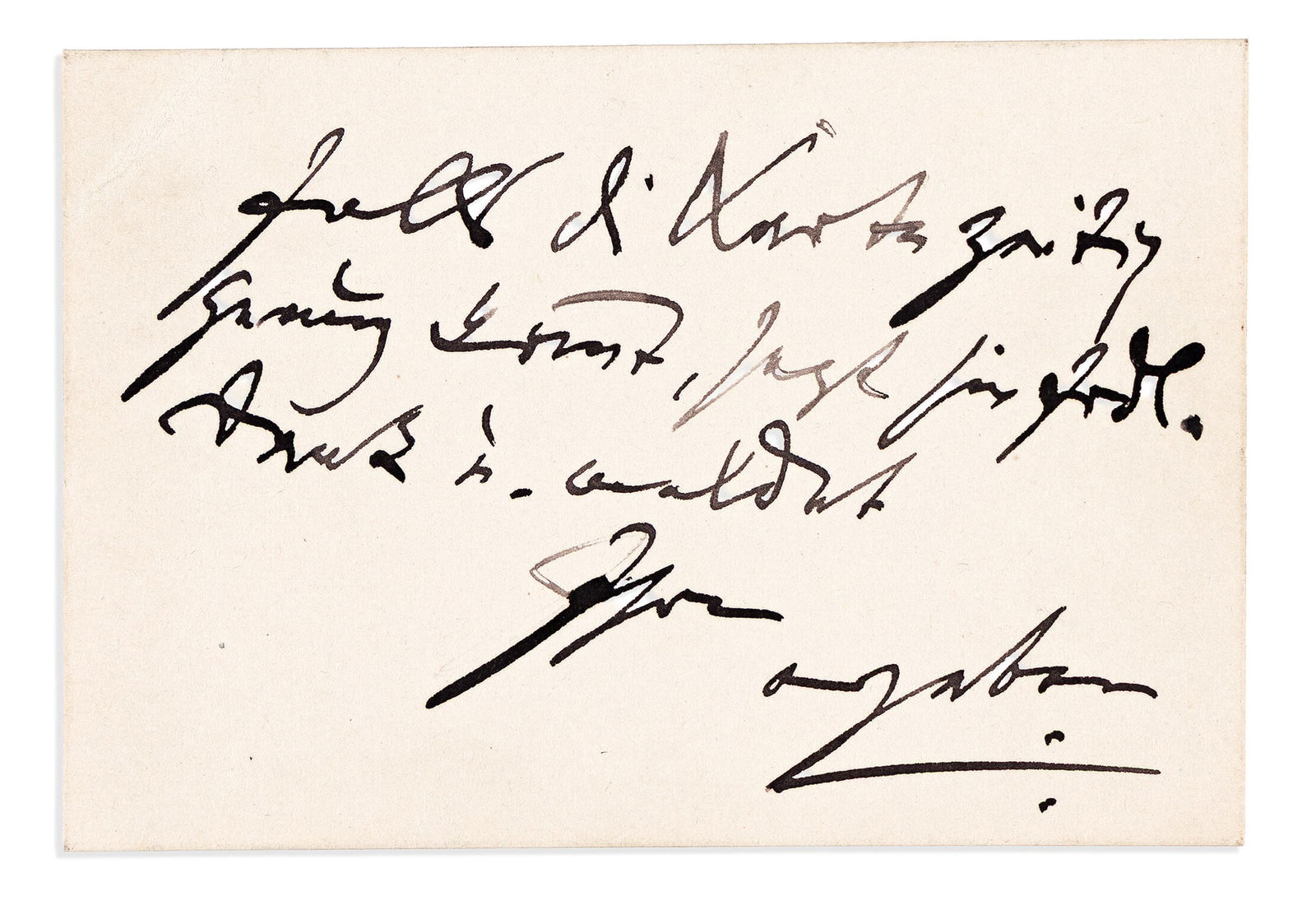 Johannes Brahms. Autograph Note, unsigned, to Ms. Gibenschütz, on verso of his printed visiting: Johannes Brahms Autograph Note, unsigned, to Ms. Gibenschütz, on verso of his printed visiting card, in German, hoping that the card arrives in time and concluding, "Yours / sincerely." 1 page, 2