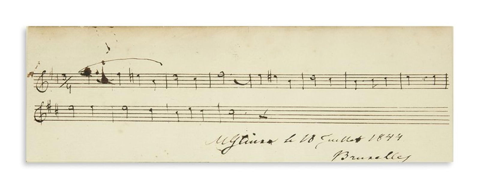 Mikhail Ivanovich Glinka. Autograph Musical Quotation dated and Signed, "MGlinka," 12 bars from an: Mikhail Ivanovich Glinka Autograph Musical Quotation dated and Signed, "MGlinka," 12 bars from an unnamed work, notated on two machine-ruled staves. 1 page, 3¼x9¼ inches; mounted to board tr