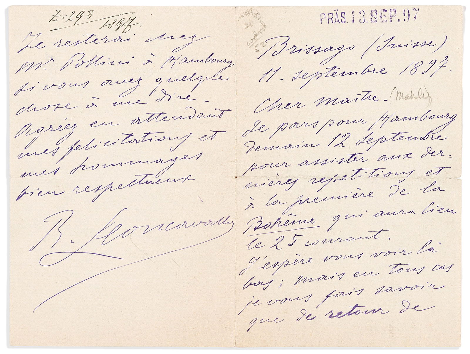 Ruggiero Leoncavallo. Autograph Letter Signed, "R. Leoncavallo," to Gustav Mahler ("Dear Maestro"): Writing to Gustav Mahler about the Vienna premiere of his "La bohème" Ruggiero Leoncavallo Autograph Letter Signed, "R. Leoncavallo," to Gustav Mahler ("Dear Maestro"), in purple ink, in French,