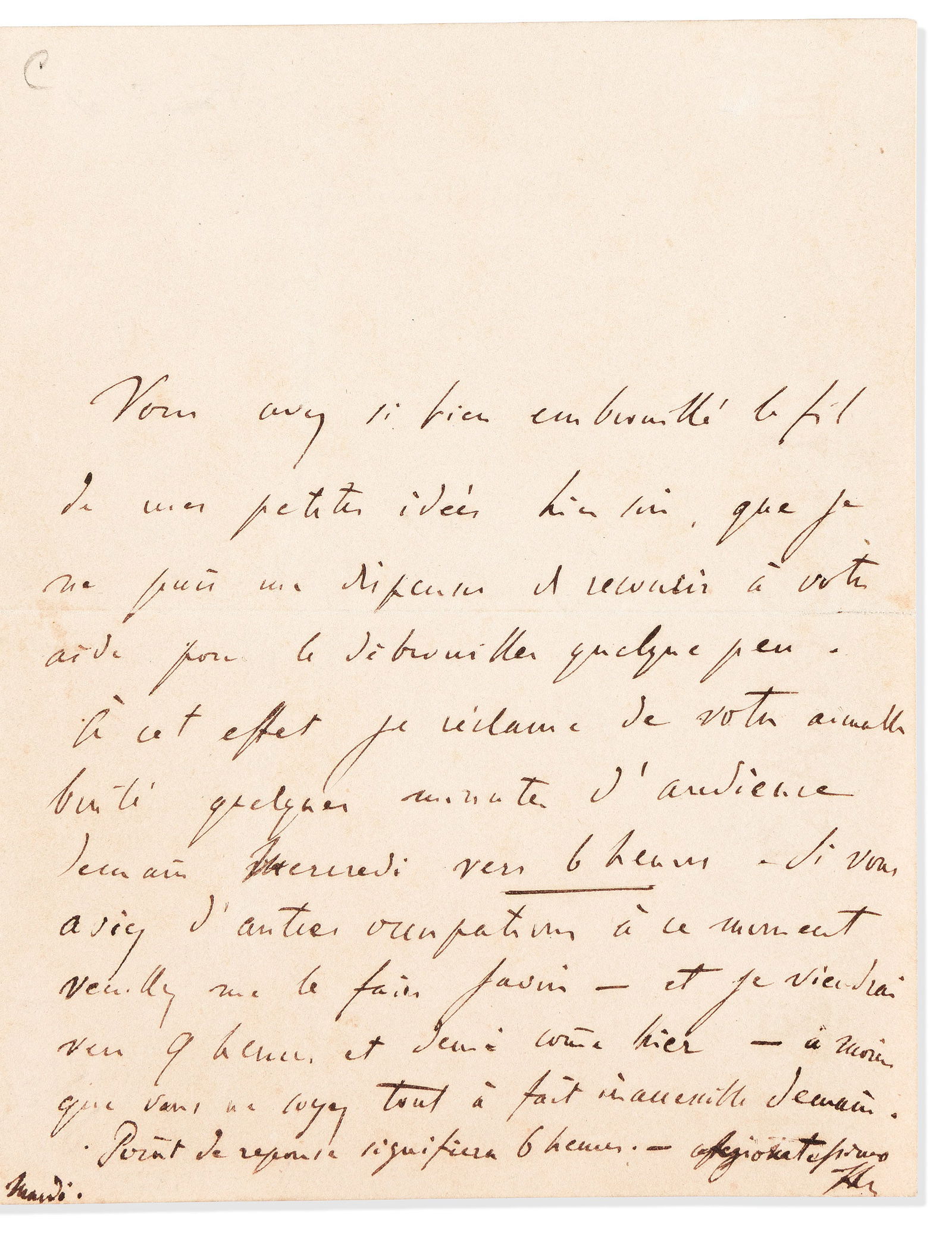 Franz Liszt. Autograph Note Signed, "FLiszt," to an unnamed recipient (lacking salutation): Franz Liszt Autograph Note Signed, "FLiszt," to an unnamed recipient (lacking salutation), in French, requesting to meet tomorrow evening in order to untangle the thread of confused ideas. 1 page, 12m