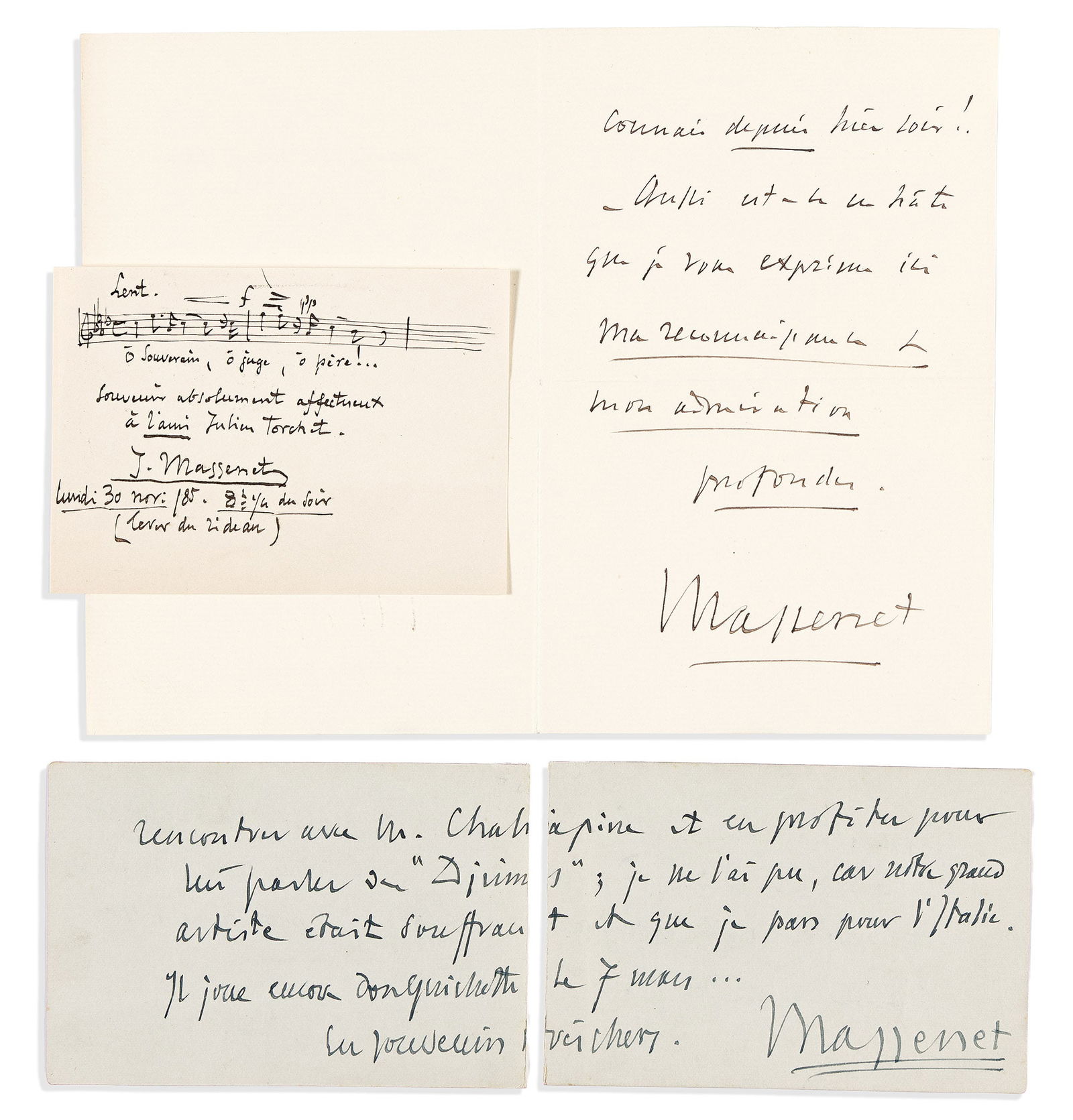 Jules Massenet. Group of 6 items, each Inscribed and Signed, "J. Massenet" or "Massenet," to various: Jules Massenet Group of 6 items, each Inscribed and Signed, "J. Massenet" or "Massenet," to various recipients, in French. Format and condition vary. Vp, 1876-1912.