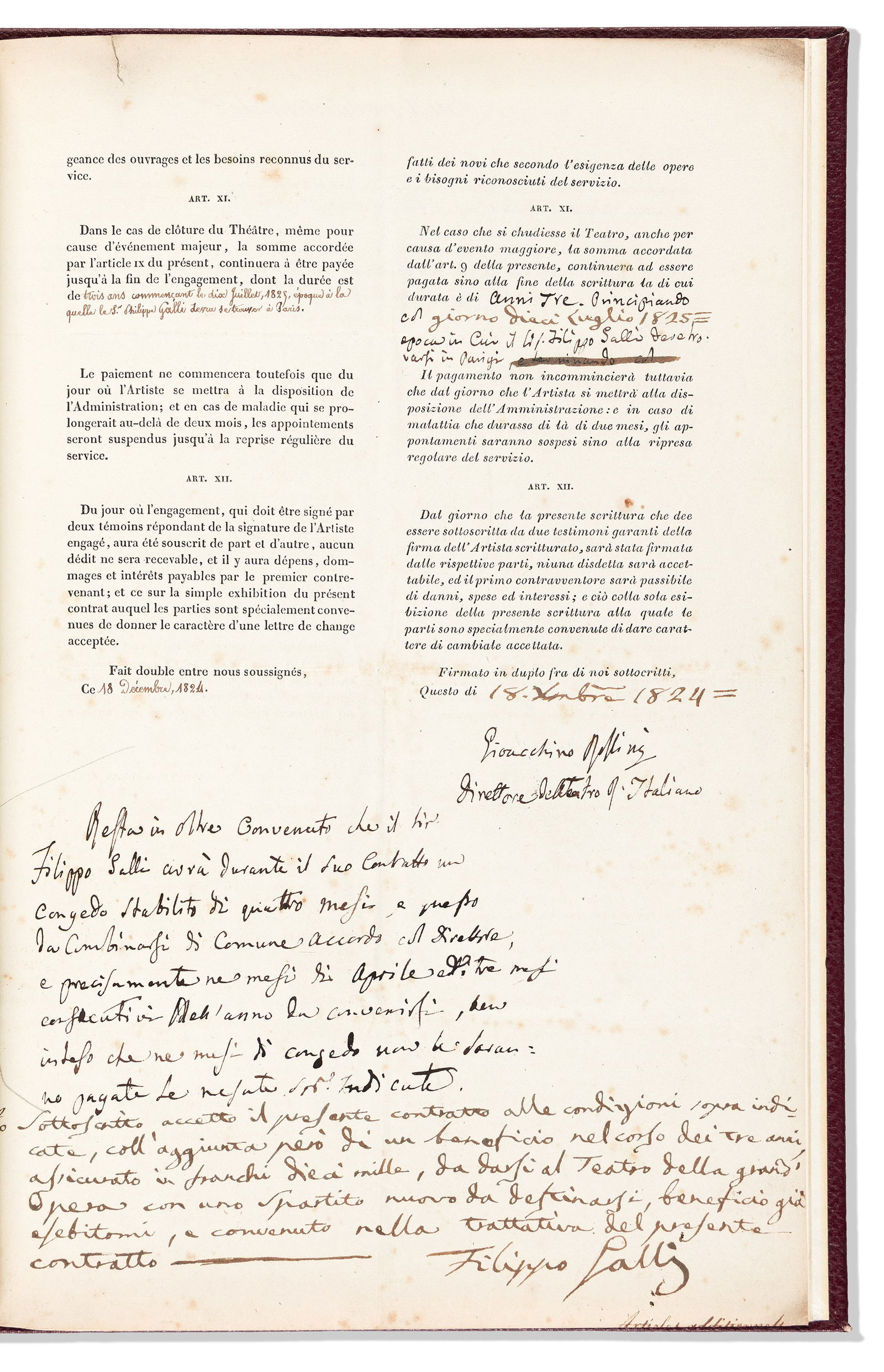 Gioachino Rossini. Document Signed, as Director of the Royal Italian Theatre: Gioachino Rossini Document Signed, as Director of the Royal Italian Theatre, with 8 lines and scattered brief insertions in holograph, contract engaging Filippo Galli to sing and perform in operas for