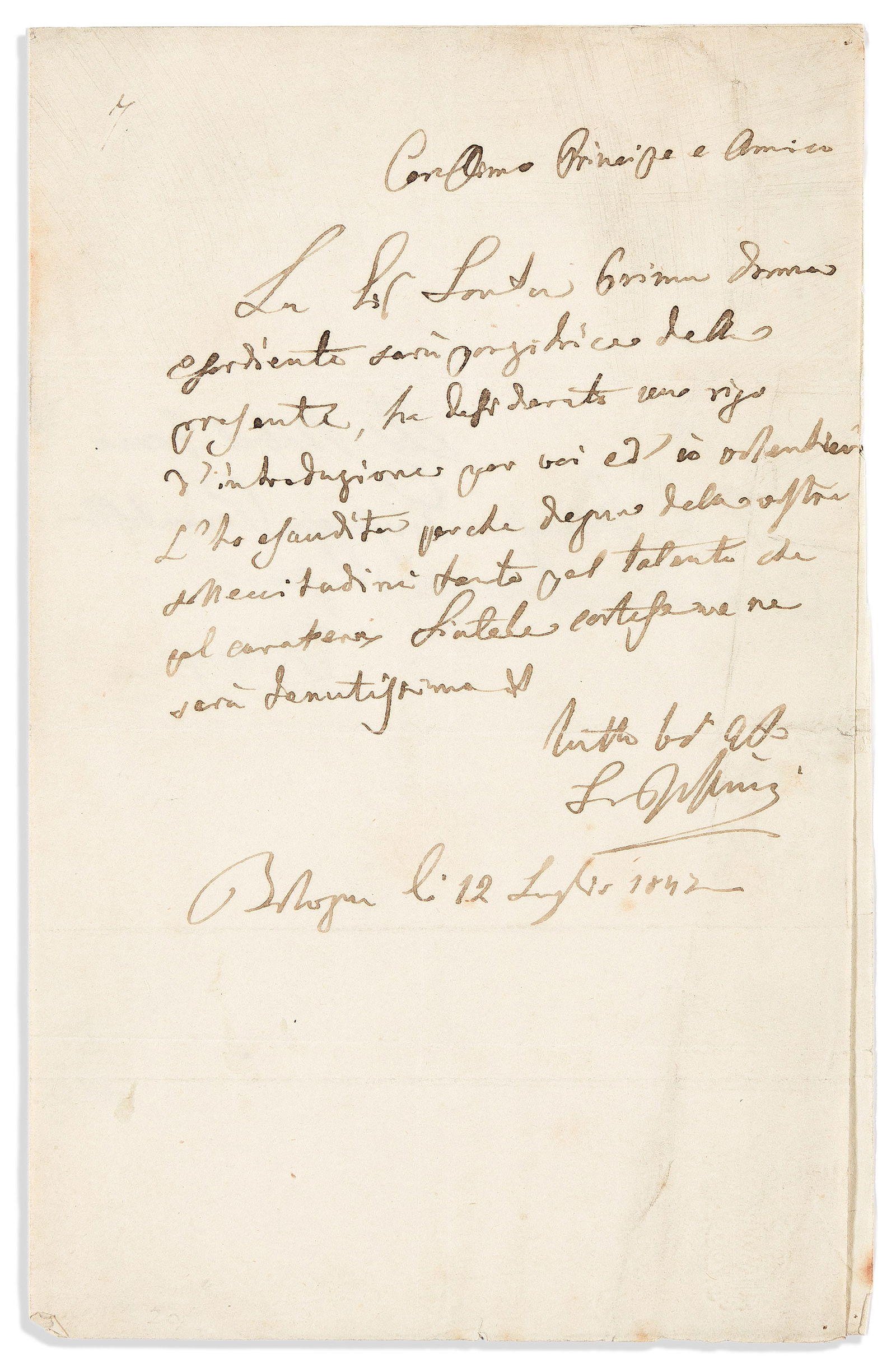 Gioachino Rossini. Autograph Letter Signed, "G. Rossini," to composer Józef Michal Poniatowski: Gioachino Rossini Autograph Letter Signed, "G. Rossini," to composer Józef Michal Poniatowski, in Italian, introducing Signora Sonta[g], a "prima donna." ½ page, 8vo, with integral address l