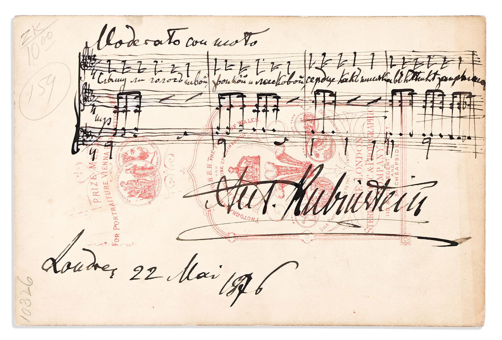 Anton Rubinstein. Two items Signed, "Ant. Rubinstein": Autograph Letter * Autograph Musical: Anton Rubinstein Two items Signed, "Ant. Rubinstein": Autograph Letter * Autograph Musical Quotation. The letter, to his music publisher Carl Friedrich Peters ("Esteemed Sir"), in German, re