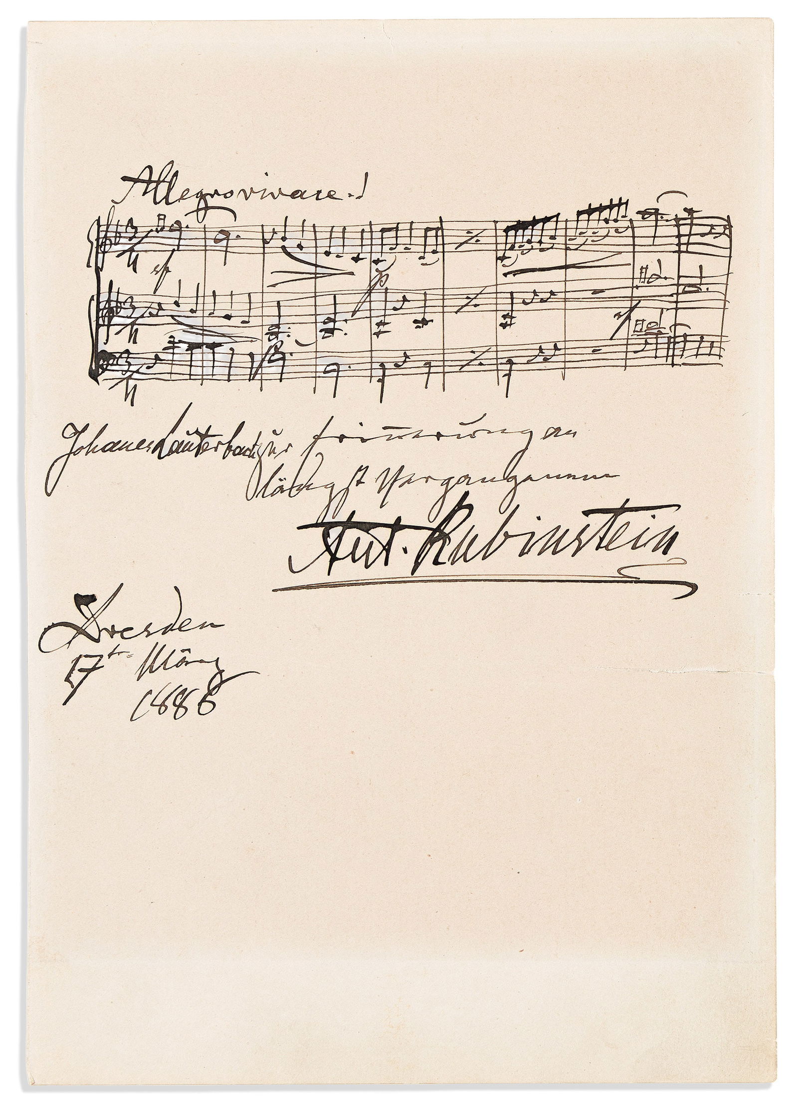 Anton Rubinstein. Autograph Musical Quotation Signed and Inscribed: Anton Rubinstein Autograph Musical Quotation Signed and Inscribed, "Johanes Lauterbach in remembrance / of long ago / Ant. Rubinstein," in German, 10 bars from an unnamed work, notated on a hand-drawn