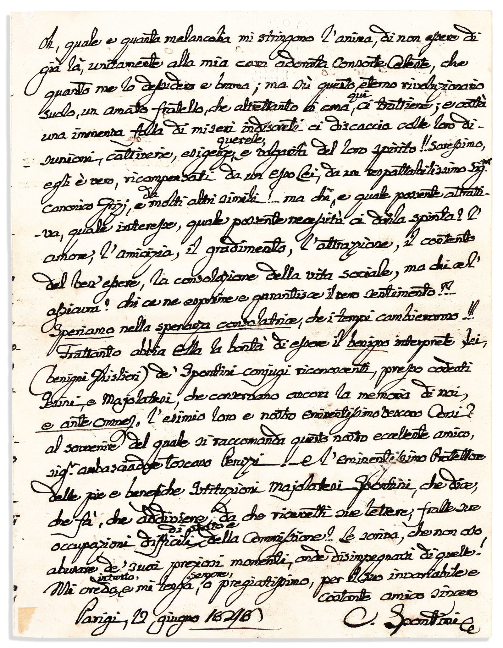 Gasparo Spontini. Three Letters Signed, "Spontini" or "G. Spontini", including two ALsS.: Gasparo Spontini Three Letters Signed, "Spontini" or "G. Spontini", including two ALsS. The first, ALS, to trumpeter F. Hein, in German, remarking that he will reply at once in order to avoid further