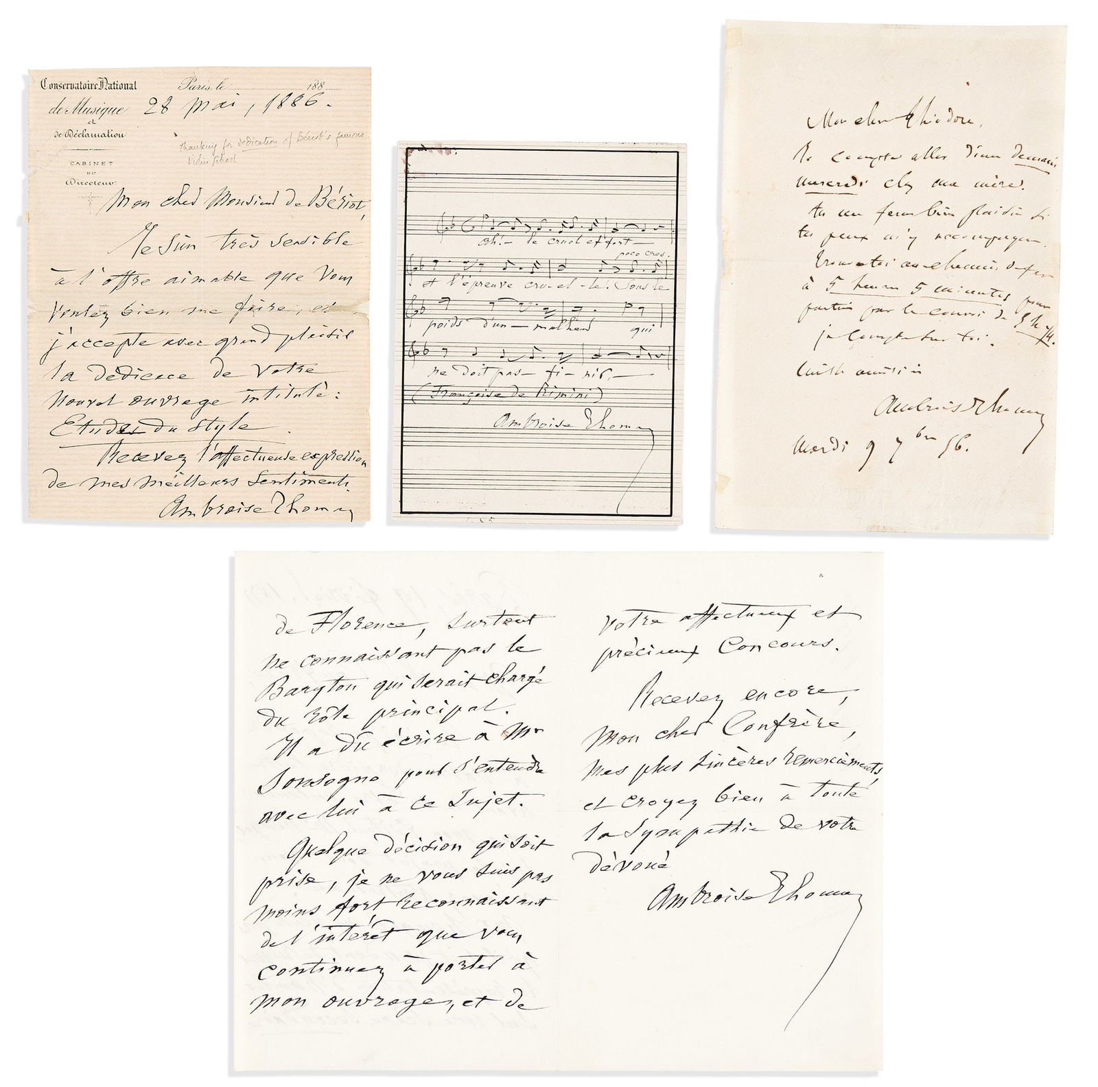 Ambroise Thomas. Group of 4 items Signed: Autograph Musical Quotation * Autograph Letters (3).: Ambroise Thomas Group of 4 items Signed: Autograph Musical Quotation * Autograph Letters (3). Each in French. Format and condition vary. Vp, vd.