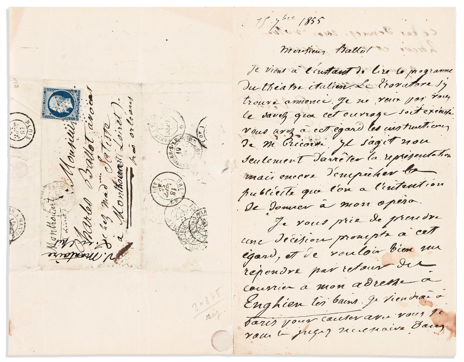 Giuseppe Verdi. Letter Signed, "GVerdi," to attorney Charles Ballot: Working to prevent a sub-standard performance of "Il trovatore" in Paris Giuseppe Verdi Letter Signed, "GVerdi," to attorney Charles Ballot, in French, remarking that not only should the performance o