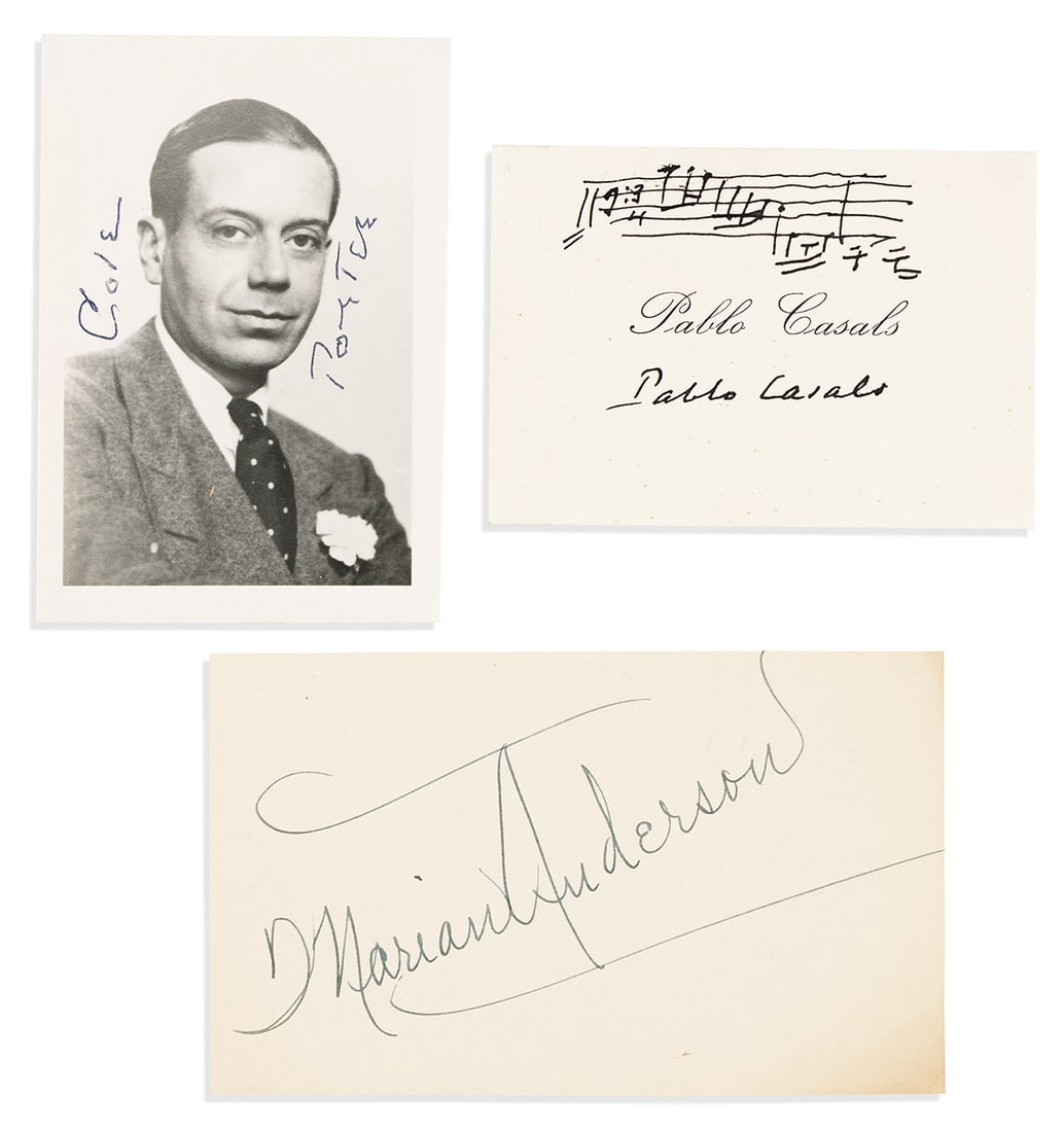 (Music.) Three items Signed, or Signed and Inscribed. Pablo Casals * Cole Porter * Marian Anderson.: Three items Signed, or Signed and Inscribed. Pablo Casals * Cole Porter * Marian Anderson. Casals. Autograph Musical Quotation Signed, two bars from the prelude of Bach's third cello suite, notated on