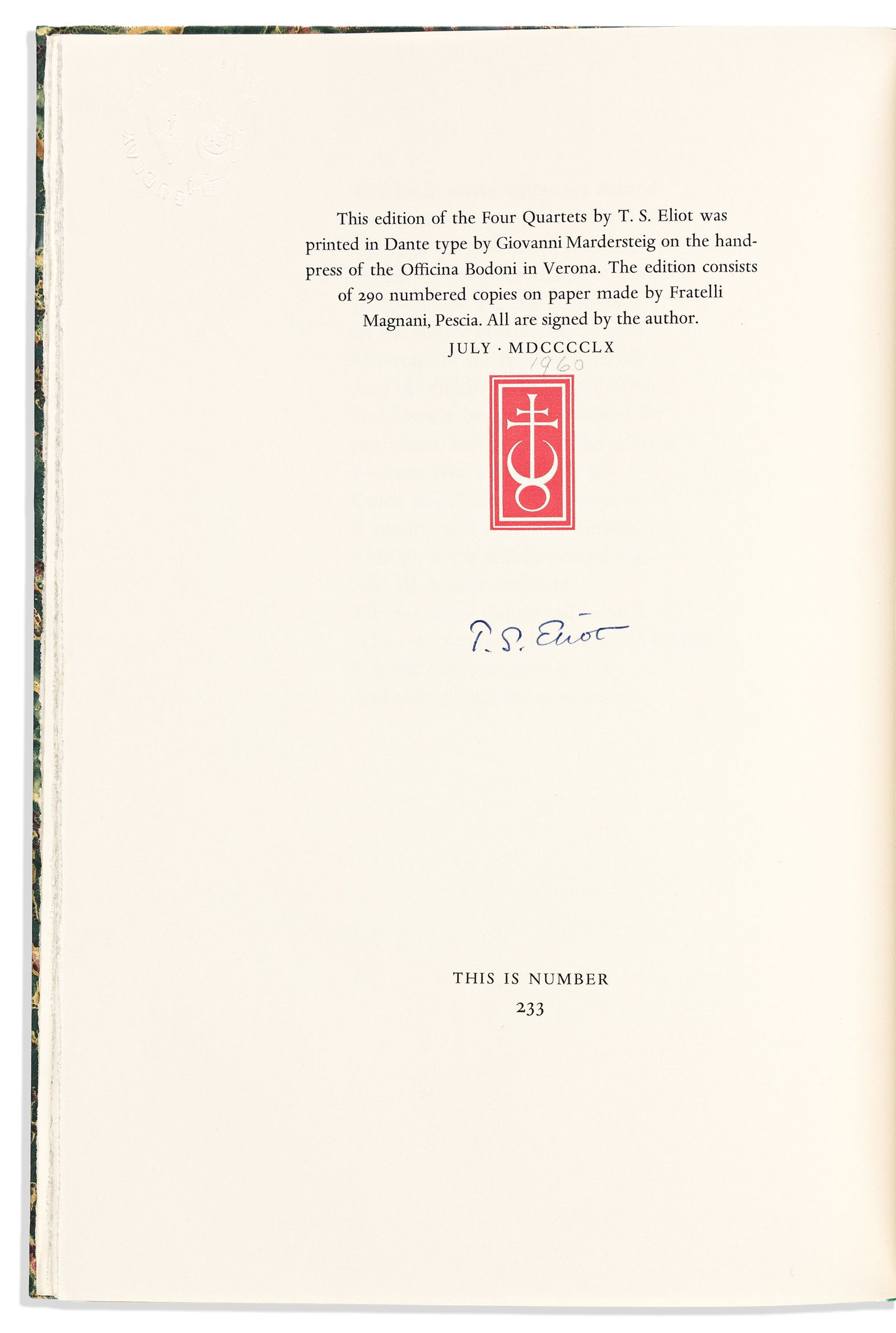 T.S. Eliot. Four Quartets. Signed, on limitation page.: T.S. Eliot Four Quartets. Signed, on limitation page. 4to, publisher's vellum-backed marbled boards; top edges gilt and others uncut, owner's blindstamp on limitation page at upper left corner; origin