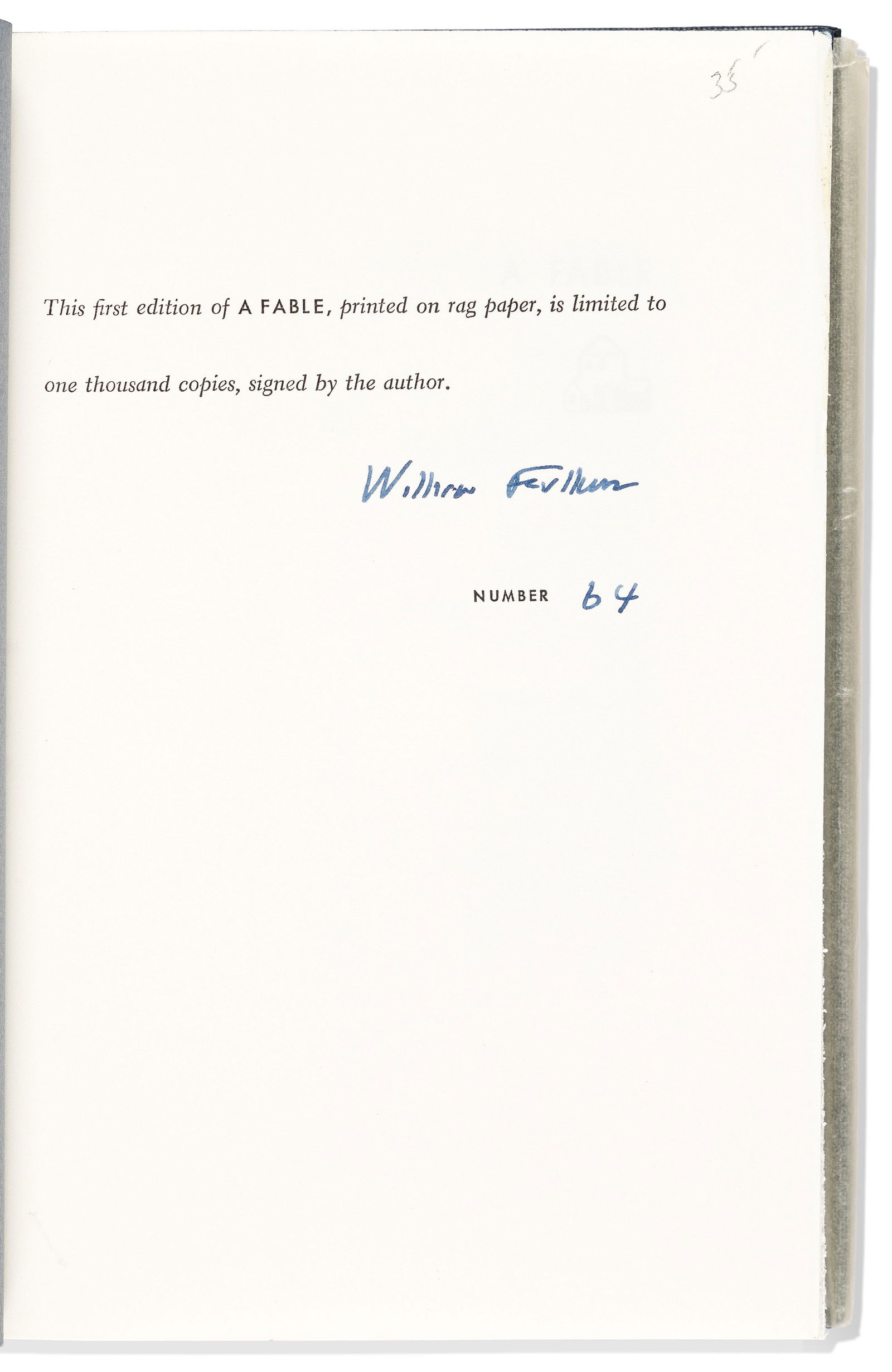William Faulkner. A Fable. Signed on limitation page.: William Faulkner A Fable. Signed on limitation page. 8vo, publisher's pictorial blue cloth stamped in gold, white, and blue over beveled boards; top edges stained blue; original glassine with some sca
