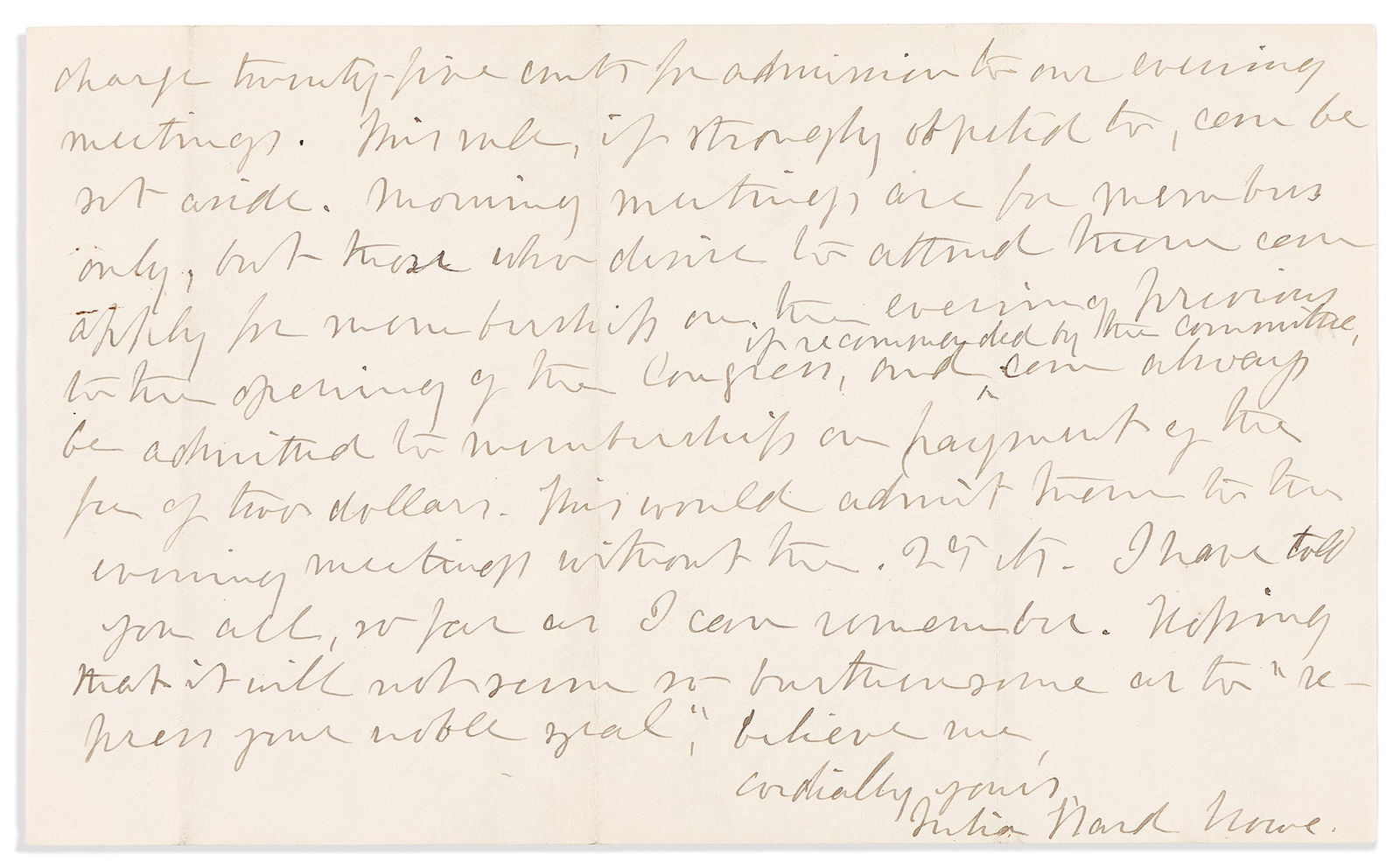 Julia Ward Howe. Autograph Letter Signed, to "My dear Mrs Whiting,": Julia Ward Howe Autograph Letter Signed, to "My dear Mrs Whiting," describing the requirements that must be met in order for the Association for the Advancement of Women to hold meetings in their city