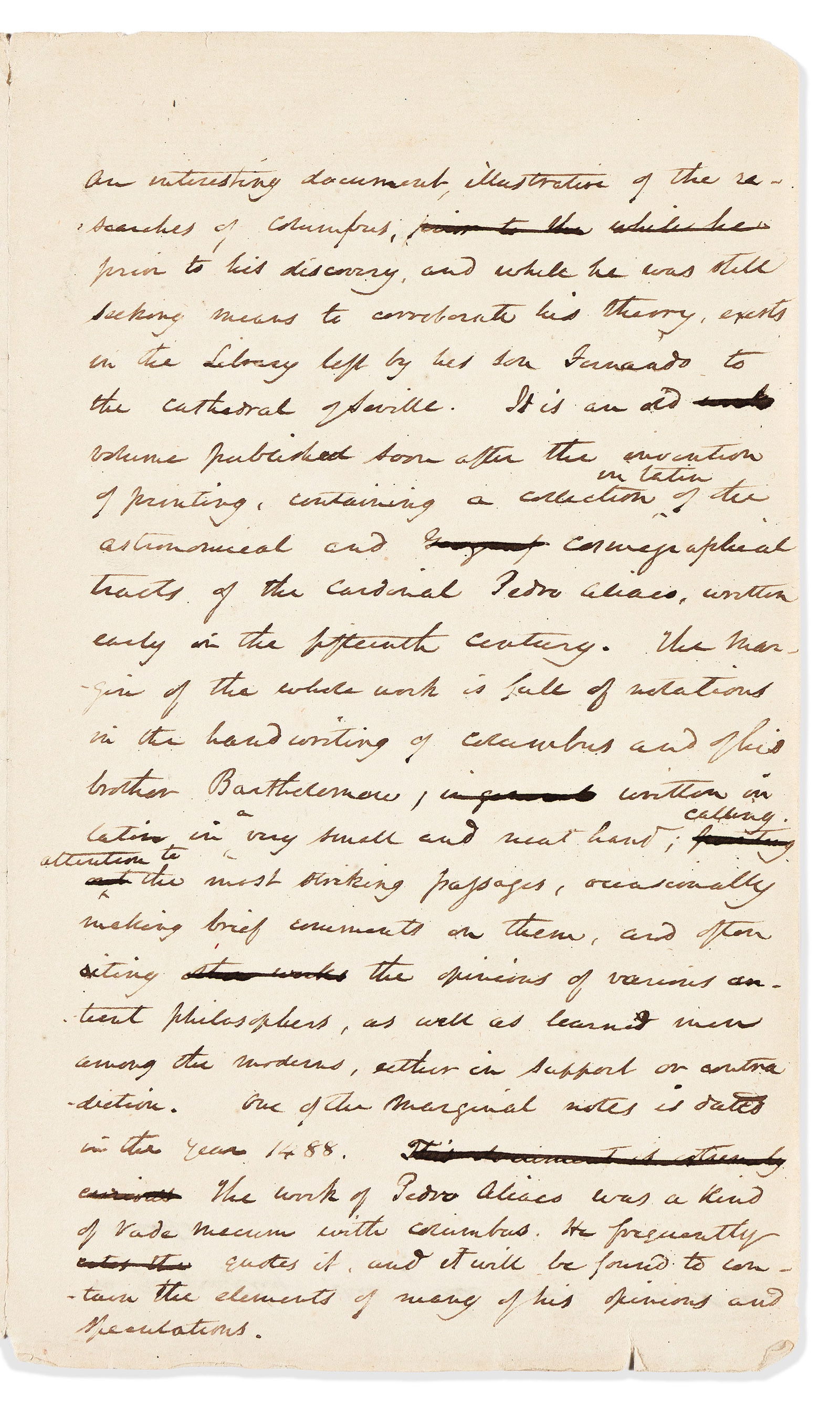 Washington Irving. Autograph Manuscript, unsigned, page from Book VIII, Chapter I: From "Christopher Columbus" Washington Irving Autograph Manuscript, unsigned, page from Book VIII, Chapter I, of his Life and Voyages of Christopher Columbus, with several holograph insertions and del