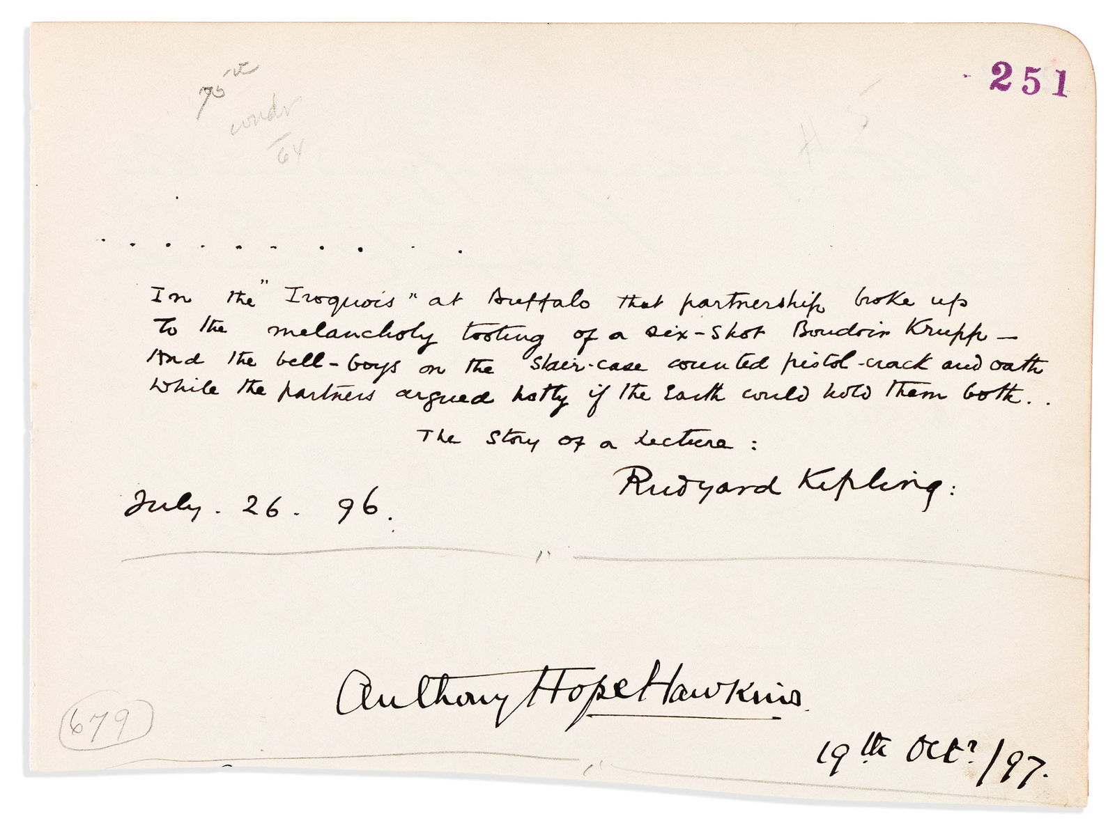 Rudyard Kipling. Autograph Quotation Signed, 5 lines from a work entitled “The Story of a: Rudyard Kipling Autograph Quotation Signed, 5 lines from a work entitled "The Story of a Lecture," on an album leaf. The leaf is additionally signed by Anthony Hope Hawkins below Kipling's signature,