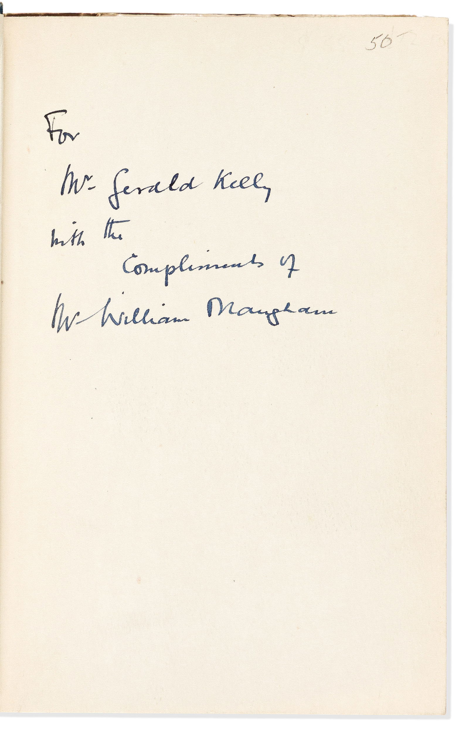 W. Somerset Maugham. The Narrow Corner. Signed and Inscribed, "For / Mr. Gerald Kelly / with the /: W. Somerset Maugham The Narrow Corner. Signed and Inscribed, "For / Mr. Gerald Kelly / with the / compliments of / Mr. William Maugham," on the front free endpaper. Small 8vo, publisher's cloth, sligh