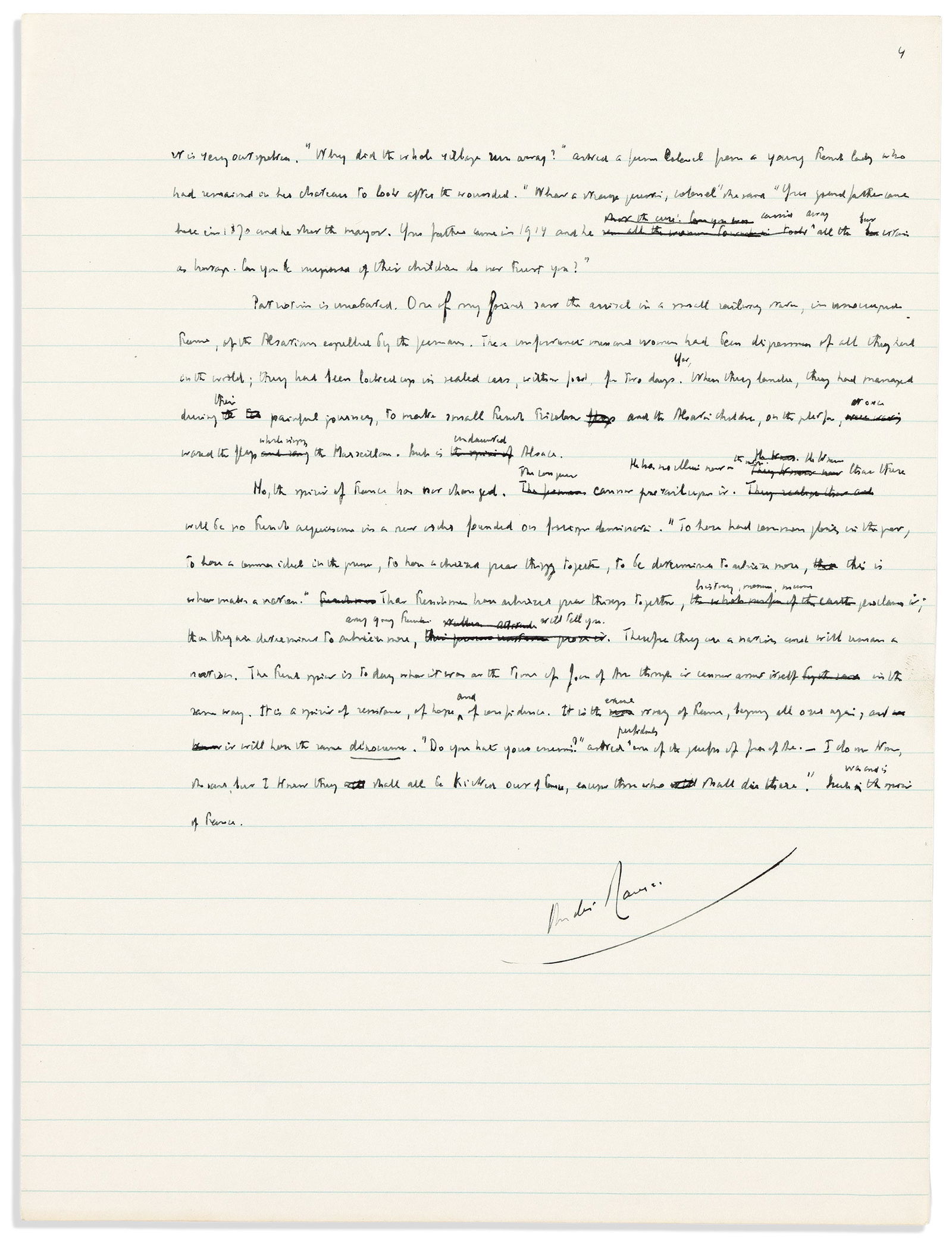 André Maurois. Autograph Manuscript Signed, draft of a newspaper article entitled "The spirit: André Maurois Autograph Manuscript Signed, draft of a newspaper article entitled "The spirit of France," with numerous holograph insertions and deletions throughout, in English. Signed after the