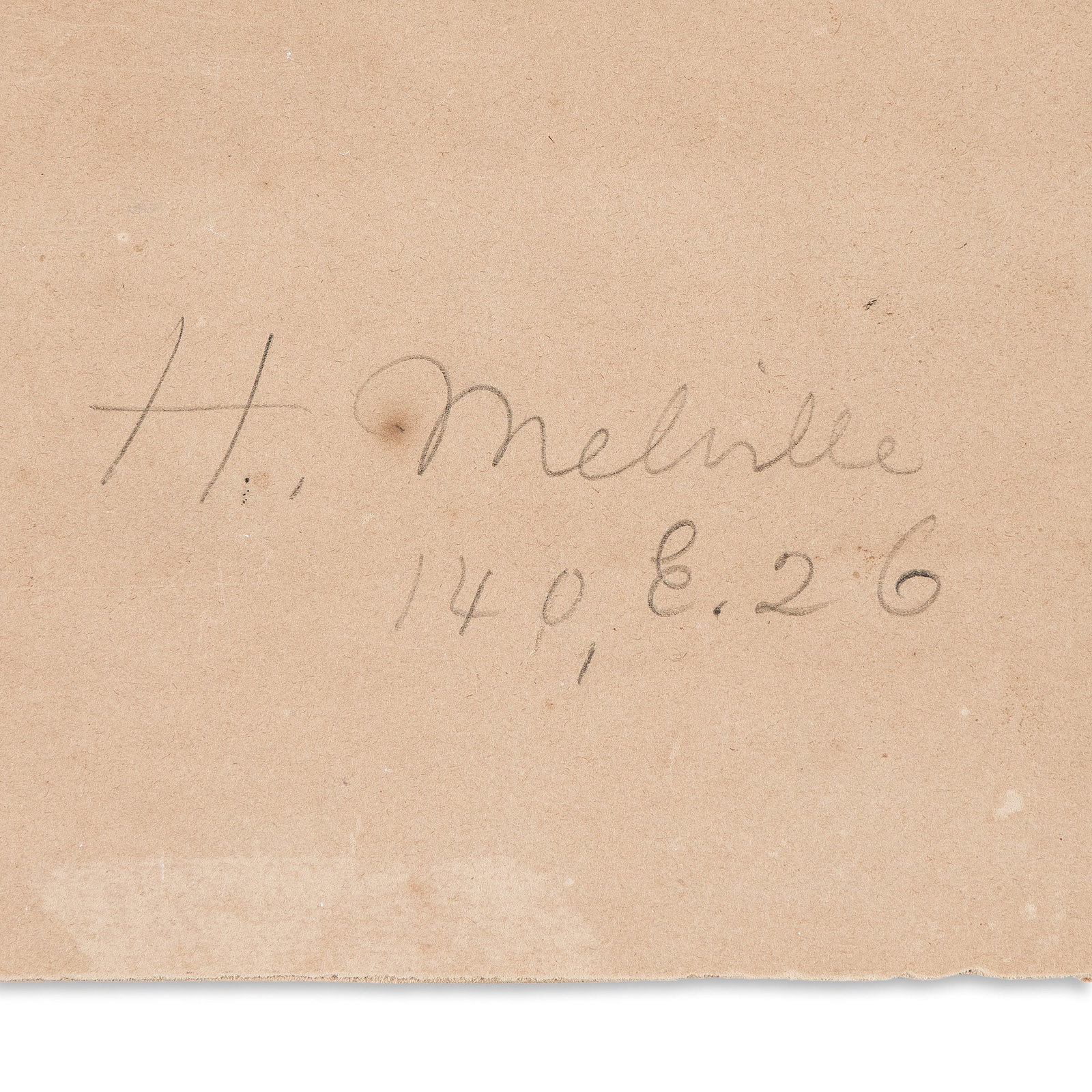 Herman Melville. Signature ("H. Melville / 140, E. 26"), in pencil, on verso of engraved fine art: An artwork owned by him while living at 26th Street, NYC, signed by him Herman Melville Signature ("H. Melville / 140, E. 26"), in pencil, on verso of engraved fine art print previously owned by him.