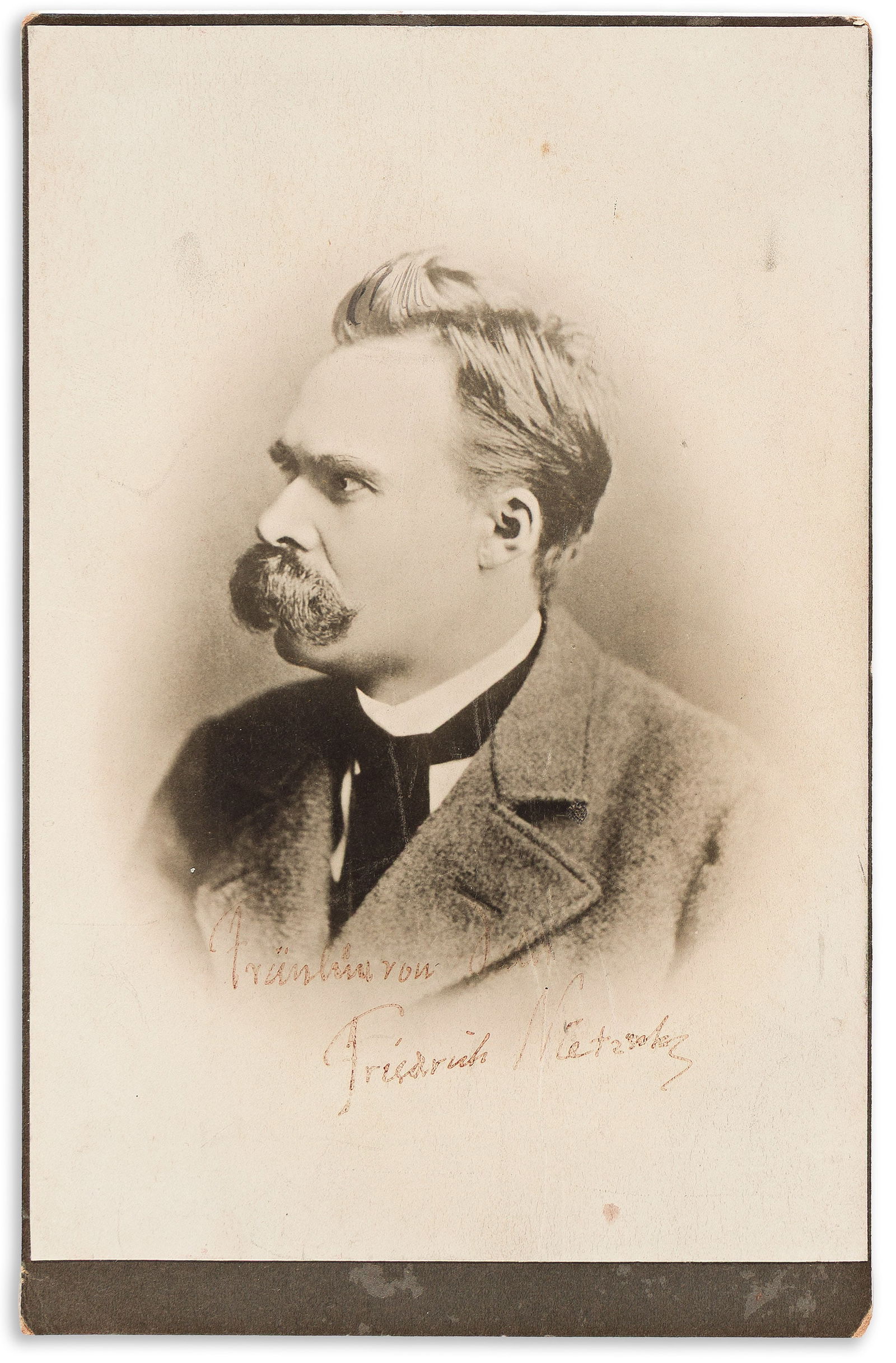 Friedrich Nietzsche. Photograph Signed and Inscribed, to Meta von Salis ("Fräulein von Salis"): Exceedingly uncommon signed photograph Friedrich Nietzsche Photograph Signed and Inscribed, to Meta von Salis ("Fräulein von Salis"), cabinet card, vignetted bust portrait by Gustav Adolf Schutze