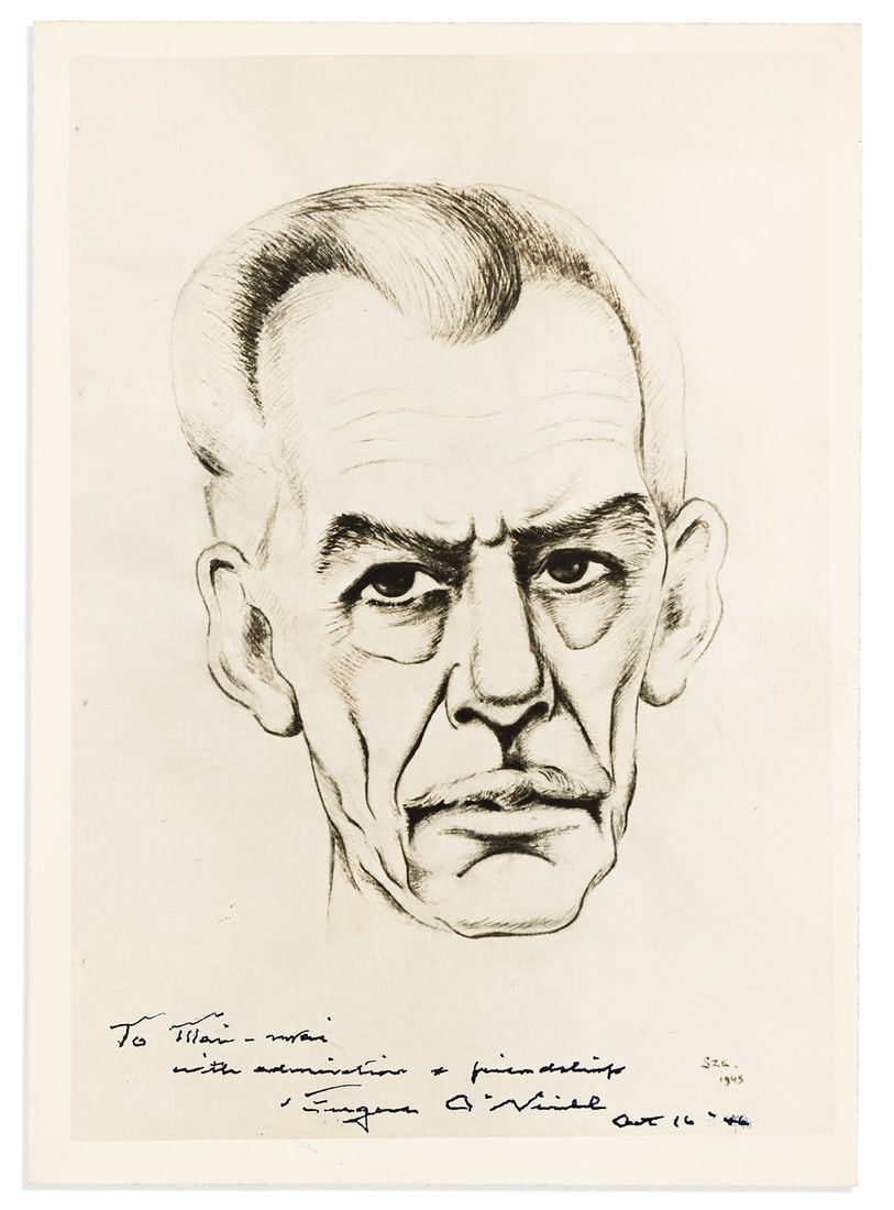 Eugene O'Neill. Photograph Signed and Inscribed, "To Mai-Mai / with admiration & friendship,": Eugene O'Neill Photograph Signed and Inscribed, "To Mai-Mai / with admiration & friendship," showing Mai-Mai Sze's 1945 graphite portrait of O'Neill. Inscribed in the image at lower edge. 7x5 inch