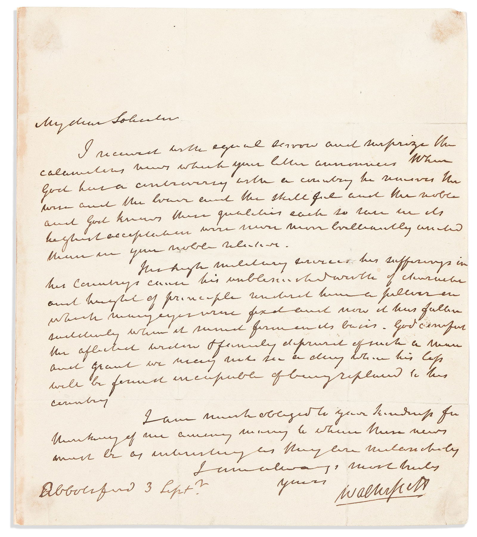 Walter Scott. Two items Signed: Autograph Letter * Autograph Note.: Walter Scott Two items Signed: Autograph Letter * Autograph Note. The letter, "My dear Solicitor" [Solicitor General John Hope?], expressing surprise and sorrow at the news of the death of his solicit