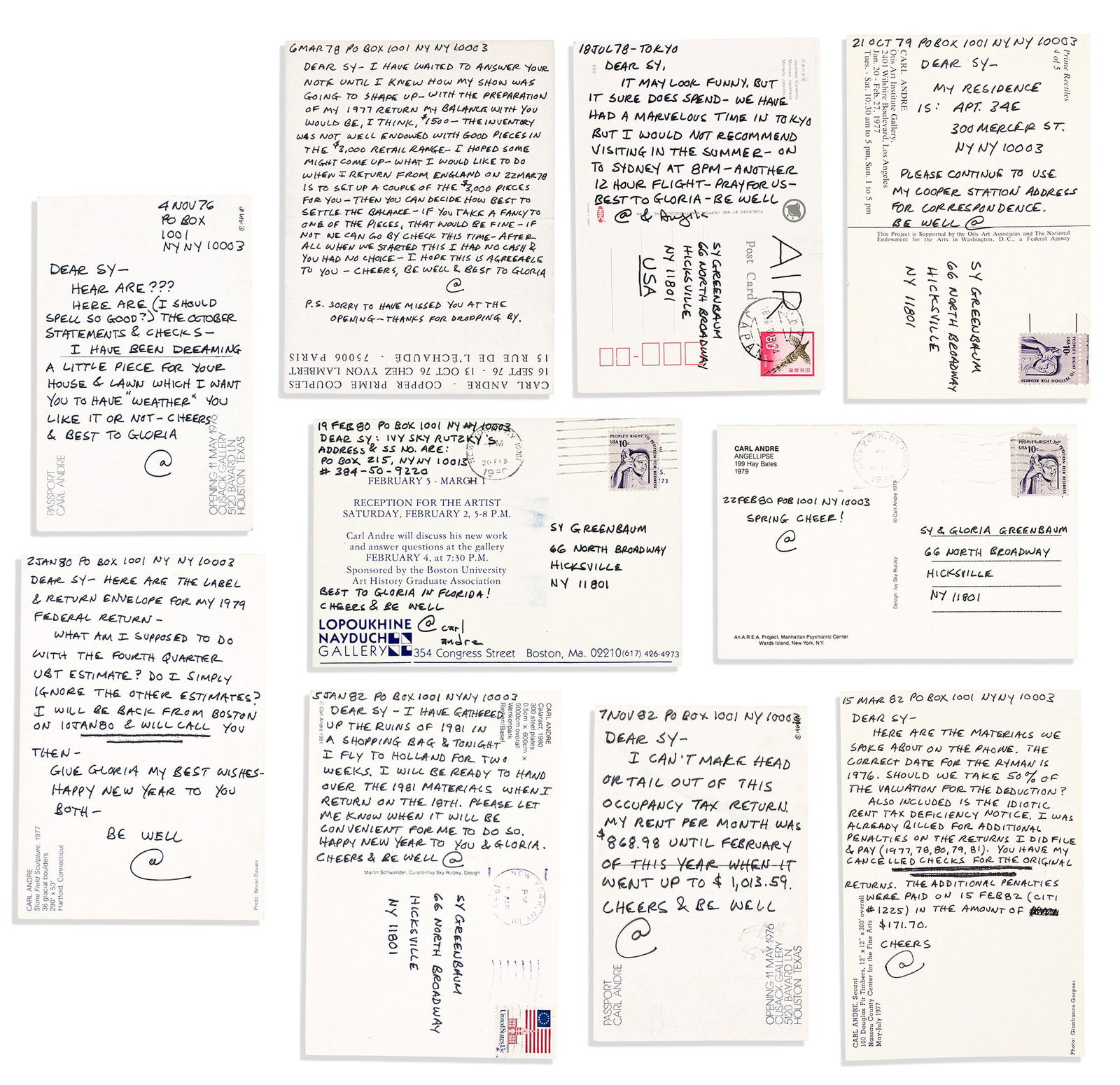 Carl Andre. Group of 10 Autograph Notes Signed, "@" or "@ / carl andre" or "@ & Argile[?]," to: Carl Andre Group of 10 Autograph Notes Signed, "@" or "@ / carl andre" or "@ & Argile[?]," to accountant Sy Greenbaum, each on a postcard, many featuring a reproduction of an artwork by Andre, mos
