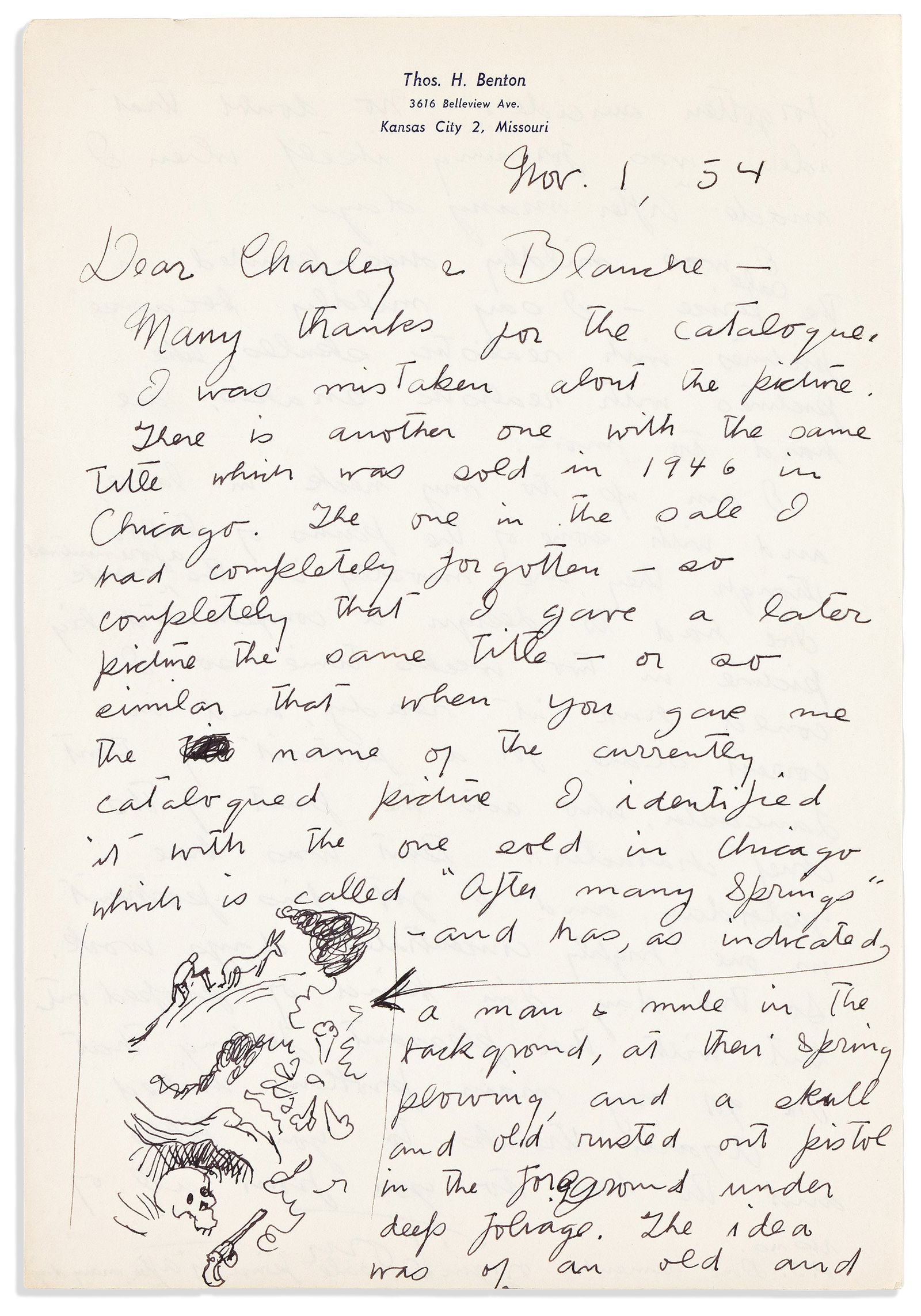 Thomas Hart Benton. Illustrated Autograph Letter Signed, "Tom," with small ink drawing, to "Dear: Discusses three of his paintings and makes sketch of one Thomas Hart Benton Illustrated Autograph Letter Signed, "Tom," with small ink drawing, to "Dear Charley & Blanche," thanking for sending an