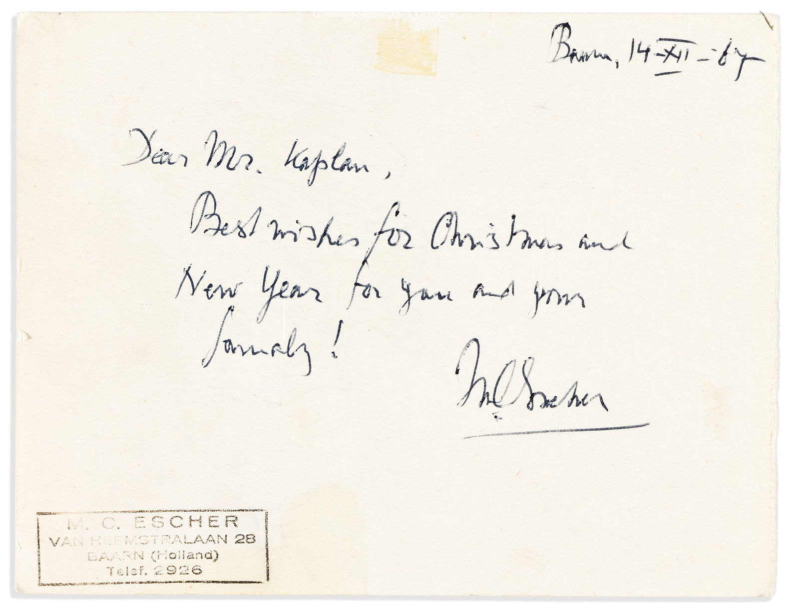 Maurits Cornelis Escher. Brief Autograph Note Signed, to "Dear Mr. Kaplan" (1 of 2)