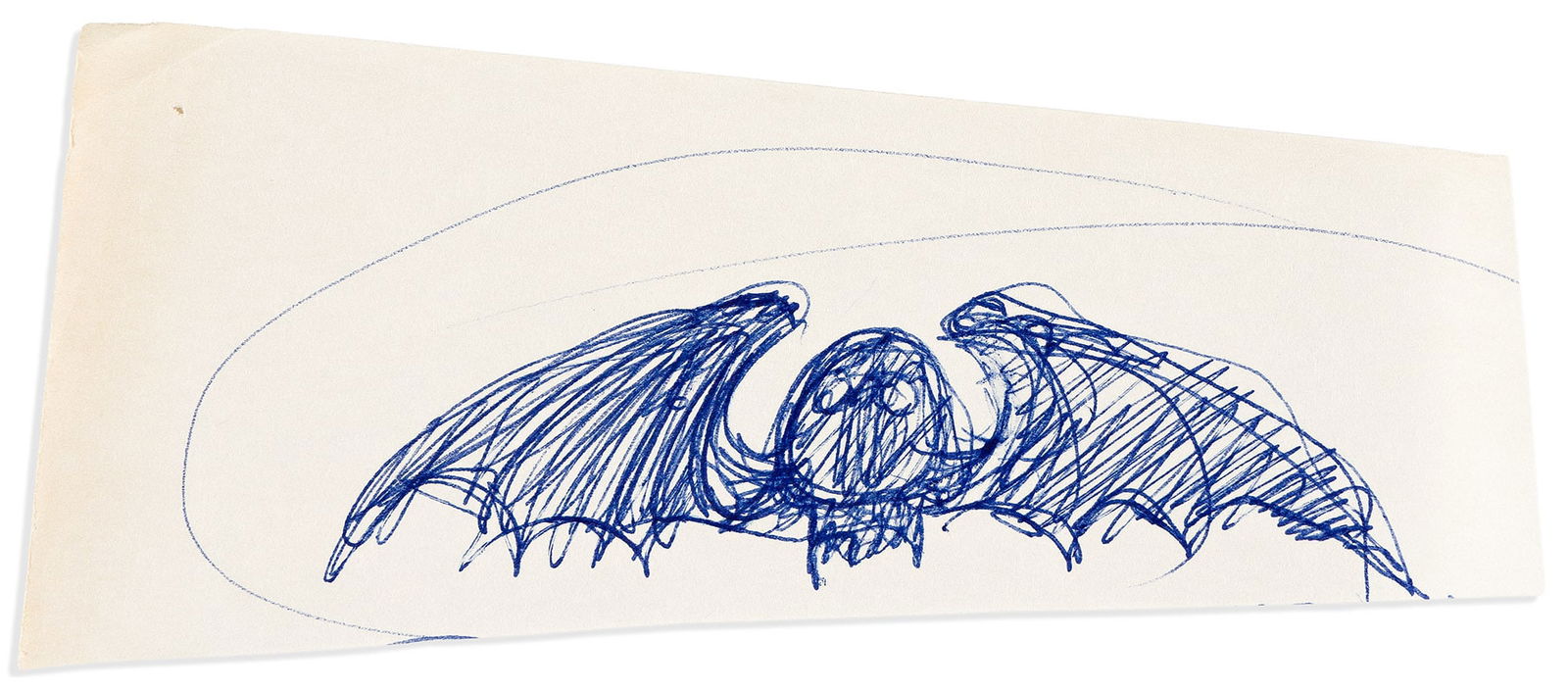 Edward Gorey. Two items: Ink drawing, unsigned * The Gilded Bat. Signed and Inscribed: Edward Gorey Two items: Ink drawing, unsigned * The Gilded Bat. Signed and Inscribed. The drawing, sketch showing a bat with head subtly suggesting a human skull, on a slip of paper. 1½x5 inches;