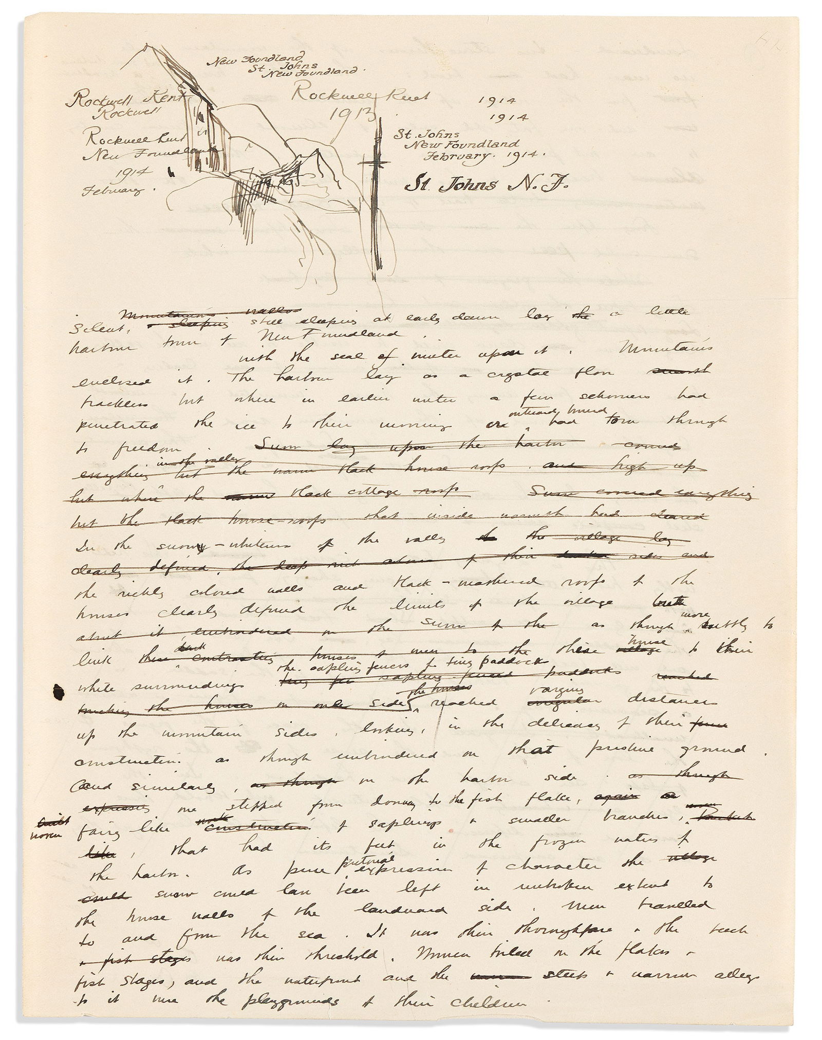 Rockwell Kent. Two Autograph Manuscripts, one Signed and with a small ink drawing: Sketch of St. John's in Newfoundland and written account of his life there Rockwell Kent Two Autograph Manuscripts, one Signed and with a small ink drawing, rough drafts of his account of the year he