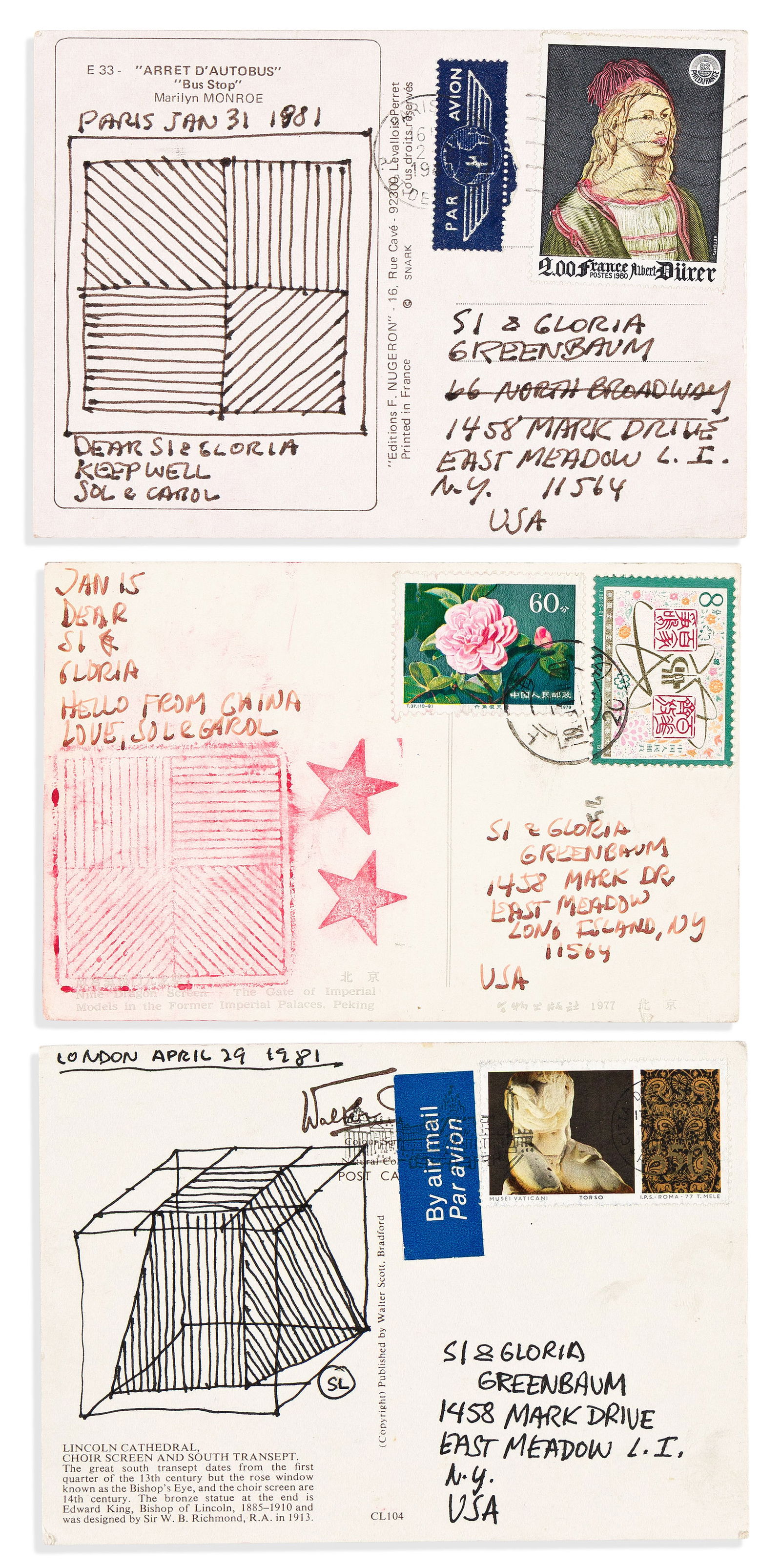 Sol LeWitt. Three postcards, two with small ink drawing, each Signed "Sol & Carol" or "SL," to Sy: Sol LeWitt Three postcards, two with small ink drawing, each Signed "Sol & Carol" or "SL," to Sy and Gloria Greenbaum. The first, "Hello from China," written above a red ink stamp showing two star