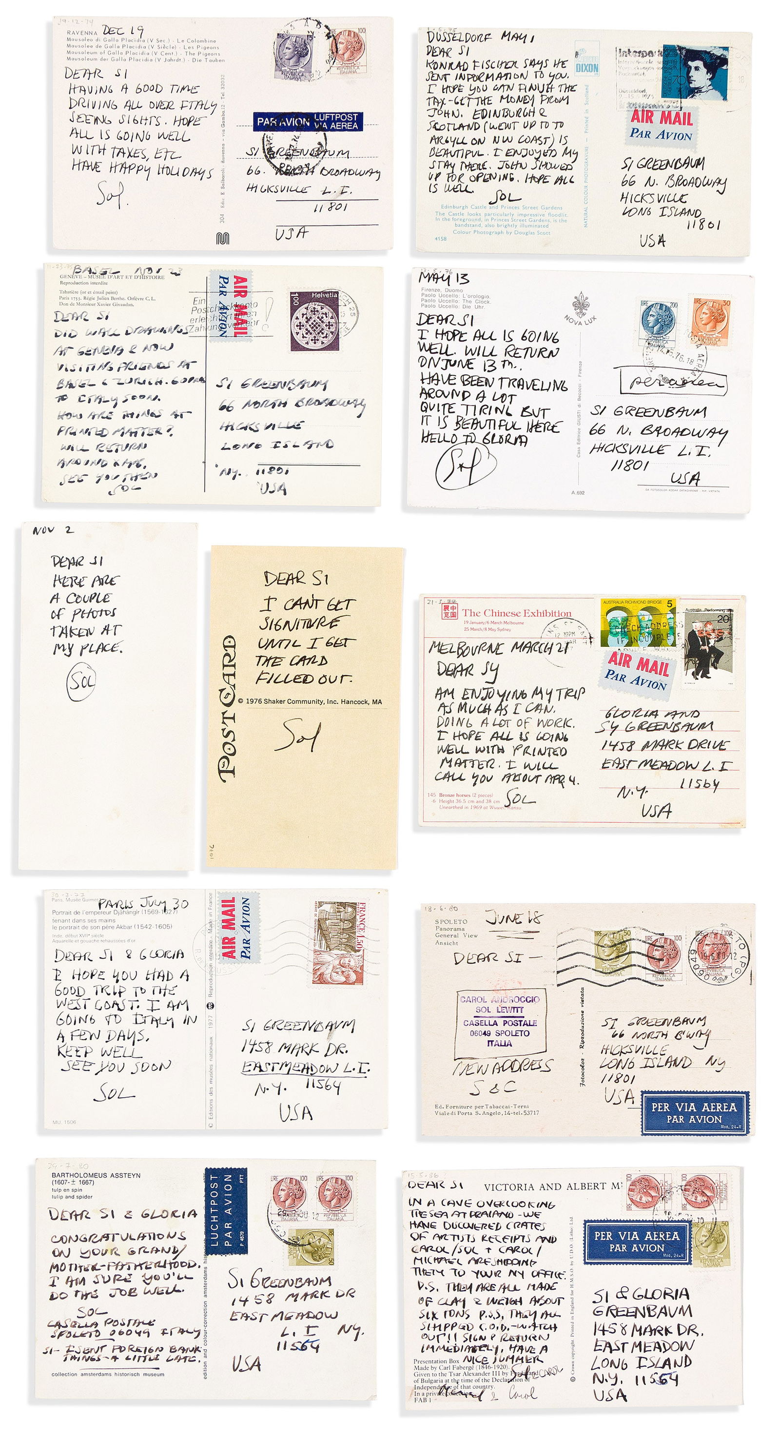 Sol LeWitt. Group of 11 Autograph Notes Signed, "Sol" or "S[ol] & C[arol]," to his accountant Sy: Sol LeWitt Group of 11 Autograph Notes Signed, "Sol" or "S[ol] & C[arol]," to his accountant Sy Grenbaum and wife Gloria, each on a postcard or small card, giving travel plans, sending a new addre