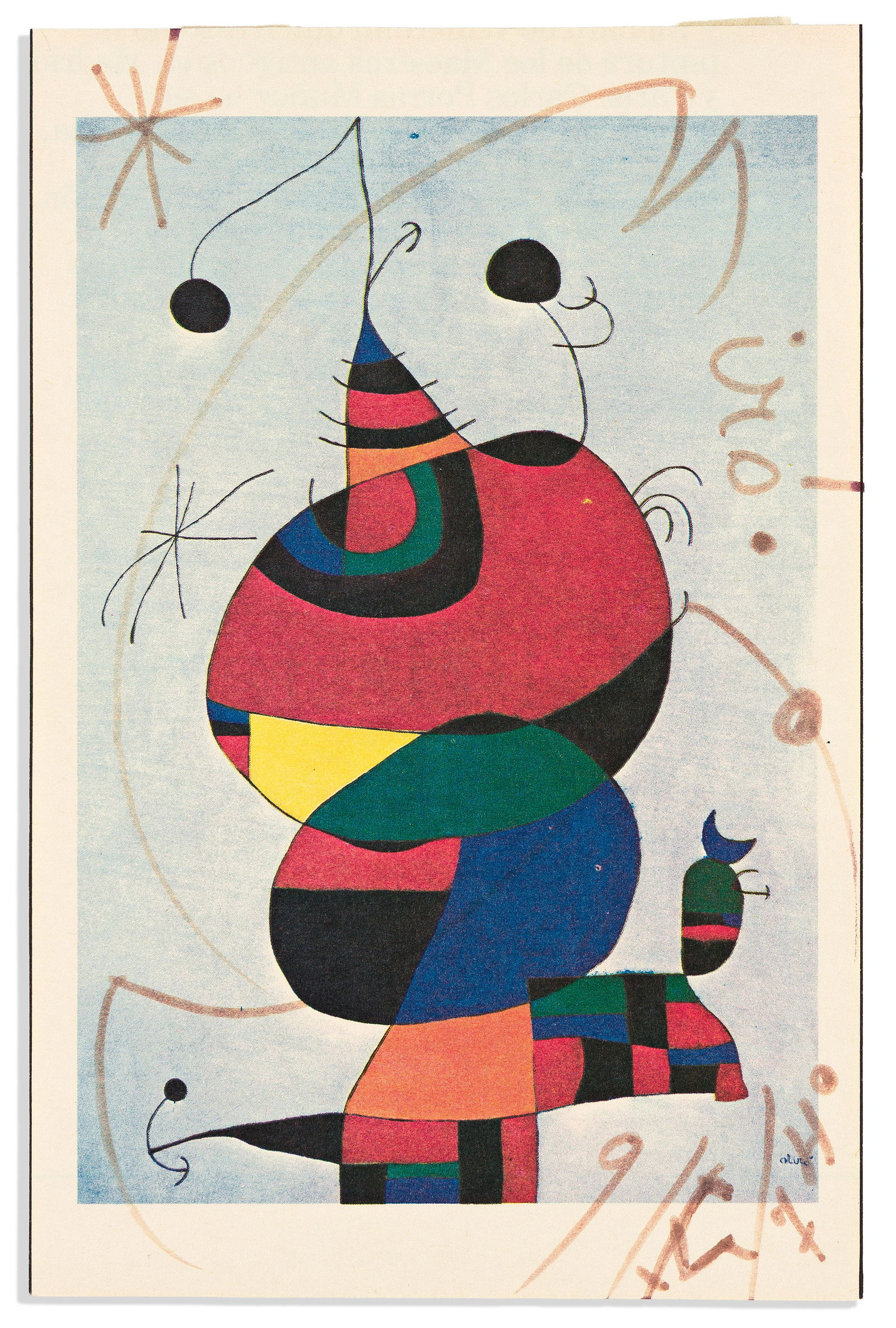 Joan Miró. Reproduction of his Woman, Bird, and Star (Homage to Pablo Picasso) (1973), dated: Joan Miró Reproduction of his Woman, Bird, and Star (Homage to Pablo Picasso) (1973), dated and Signed, "Miró." The reproduction, clipped from an auction catalogue. 7¼x4¾ inch