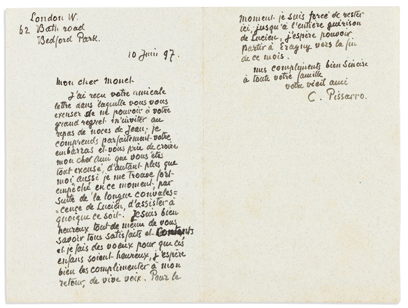 Camille Pissarro. Autograph Letter Signed, "C. Pissarro," to fellow painter Claude Monet ("My dear: Pissarro to Monet Camille Pissarro Autograph Letter Signed, "C. Pissarro," to fellow painter Claude Monet ("My dear Monet"), in French, excusing any embarrassment at being unable to invite Pissarro to