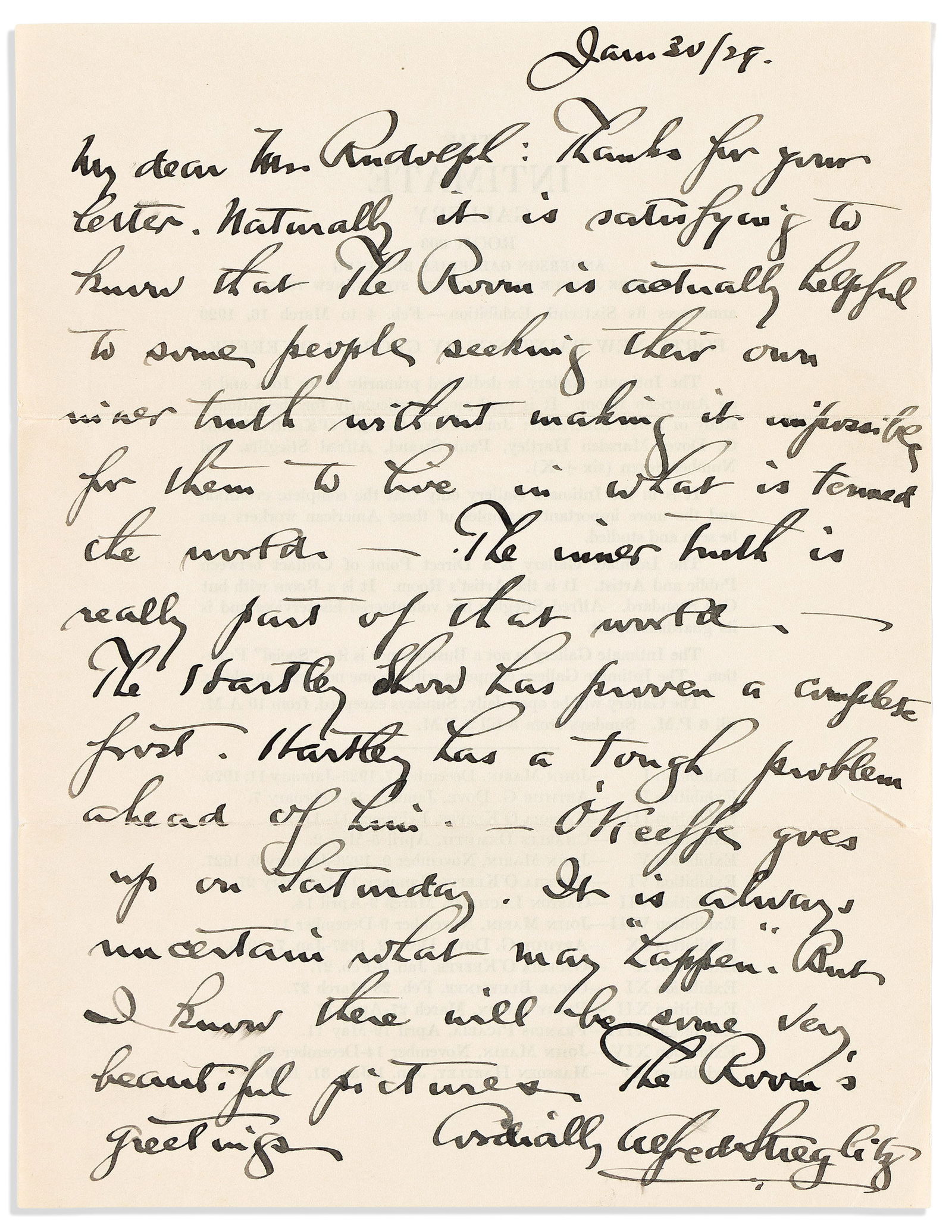 Alfred Stieglitz. Small archive of 4 Autograph Letters Signed, in full or "Stieglitz," to Joseph: I have a few photographs . . . but I doubt that they will give me a loaf of bread Alfred Stieglitz Small archive of 4 Autograph Letters Signed, in full or "Stieglitz," to Joseph Rudolph, mentioning Ge