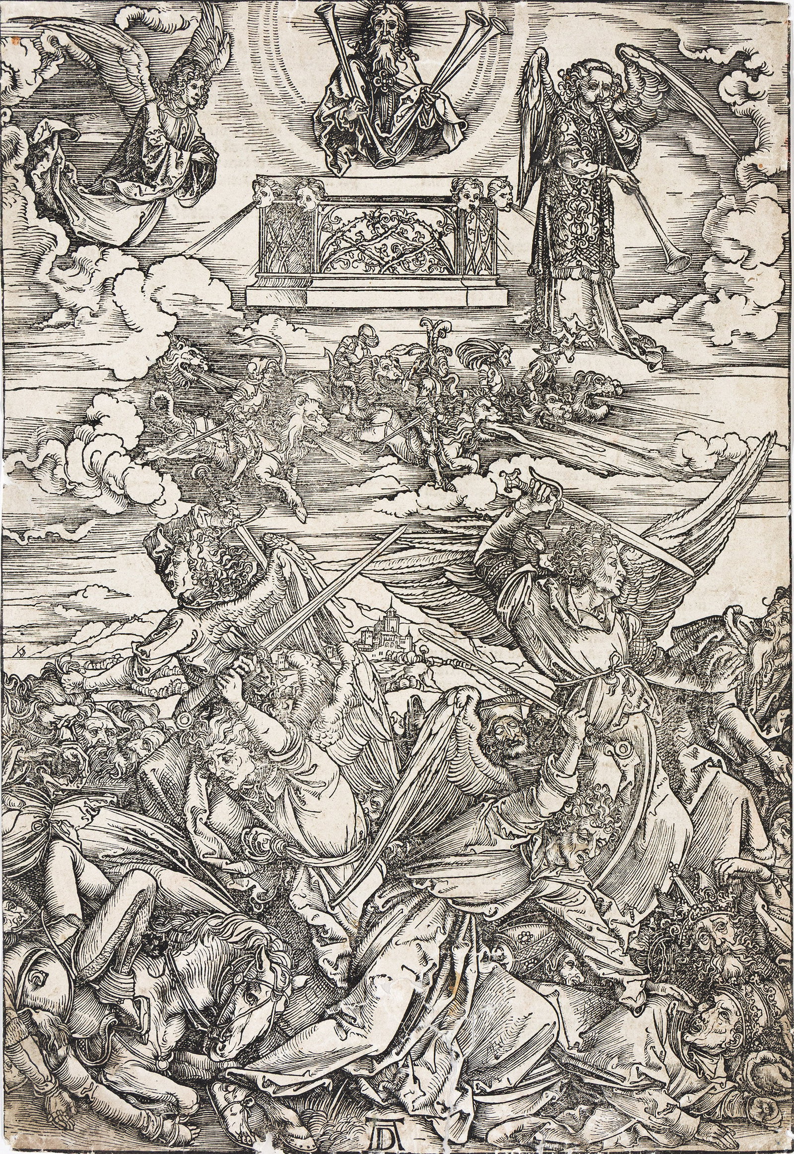 Albrecht Dürer (1471-1528), The Four Avenging Angels, 1498.: Albrecht Dürer (1471-1528) The Four Avenging Angels. Woodcut, 1498. A brilliant, dark and richly-inked impression from the 1511 Latin text edition, with very strong contrasts and little to no sig