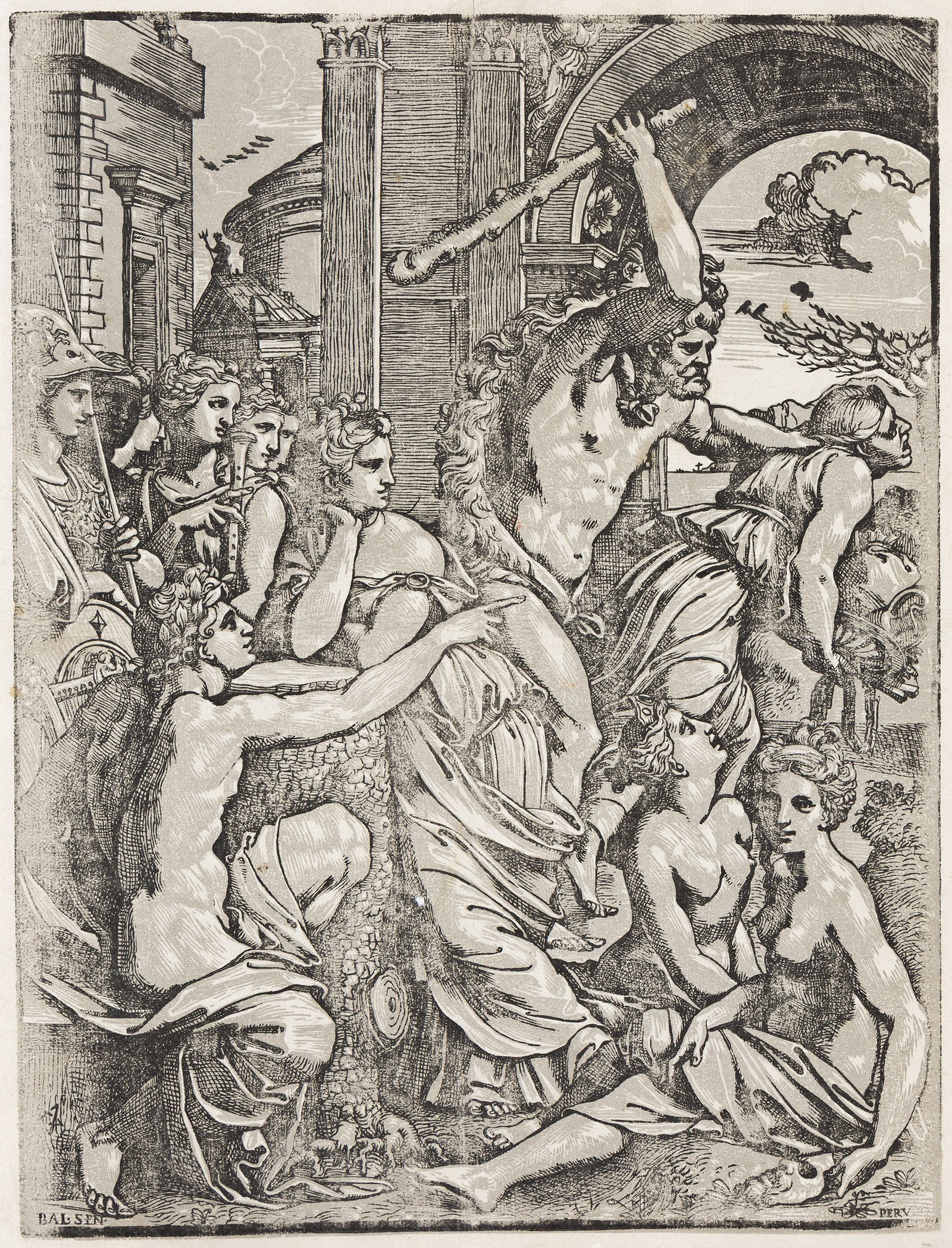 Ugo Da Carpi (c.1480-1532) after Peruzzi, Hercules Chasing Avarice from the Temple of the Muses, (1 of 1)