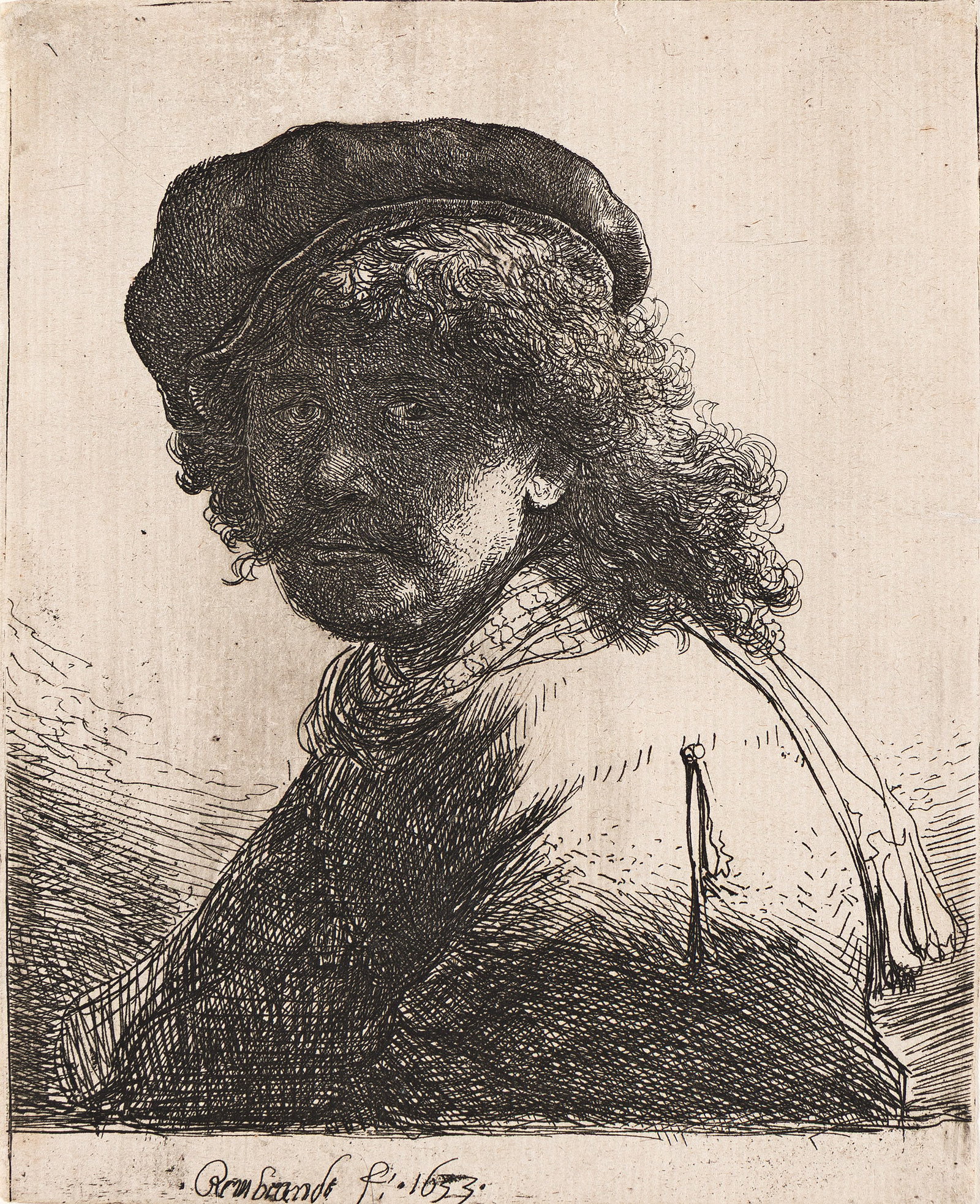 Rembrandt van Rijn (1606-1669), Self Portrait in a Cap and Scarf with the Face Dark: Bust, 1633.: Rembrandt van Rijn (1606-1669) Self Portrait in a Cap and Scarf with the Face Dark: Bust. Etching, 1633. Biörklund's third state (of 3); Usticke's third state (of 5); New Hollstein's third state