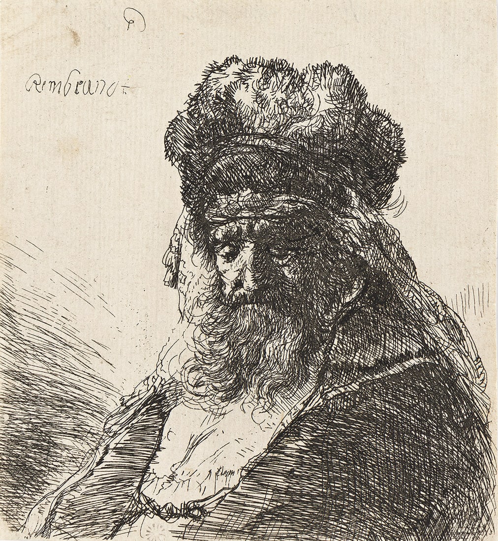 Rembrandt van Rijn (1606-1669), Old Bearded Man in a High Fur Cap, with Eyes Closed, circa 1635.: Rembrandt van Rijn 1606-1669 Old Bearded Man in a High Fur Cap, with Eyes Closed. Etching, circa 1635. New Hollstein's first or second state (of 4), before the strong horizontal shading in the lower r
