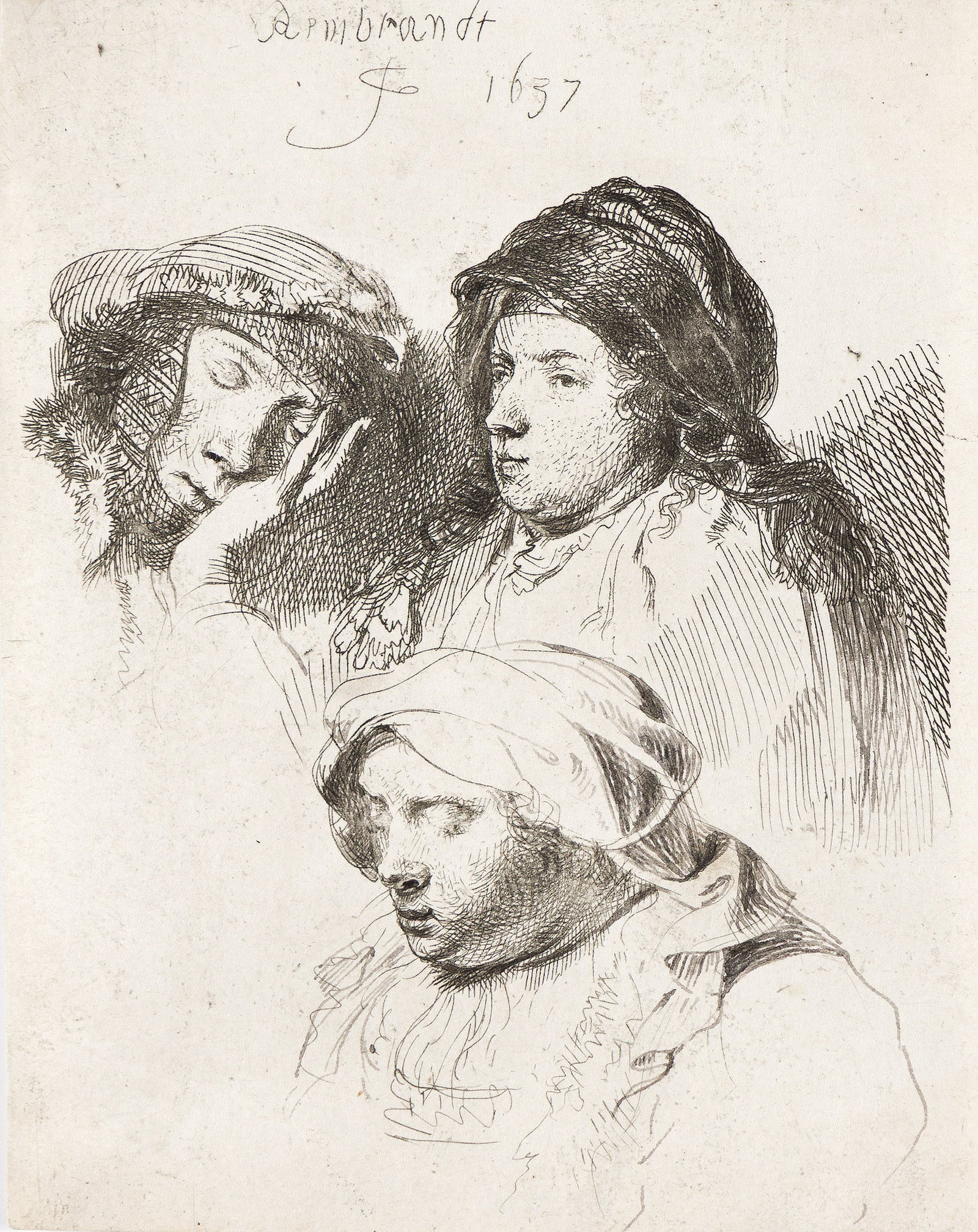 Rembrandt van Rijn (1606-1669), Three Heads of Women, One Asleep, 1637. (1 of 1)